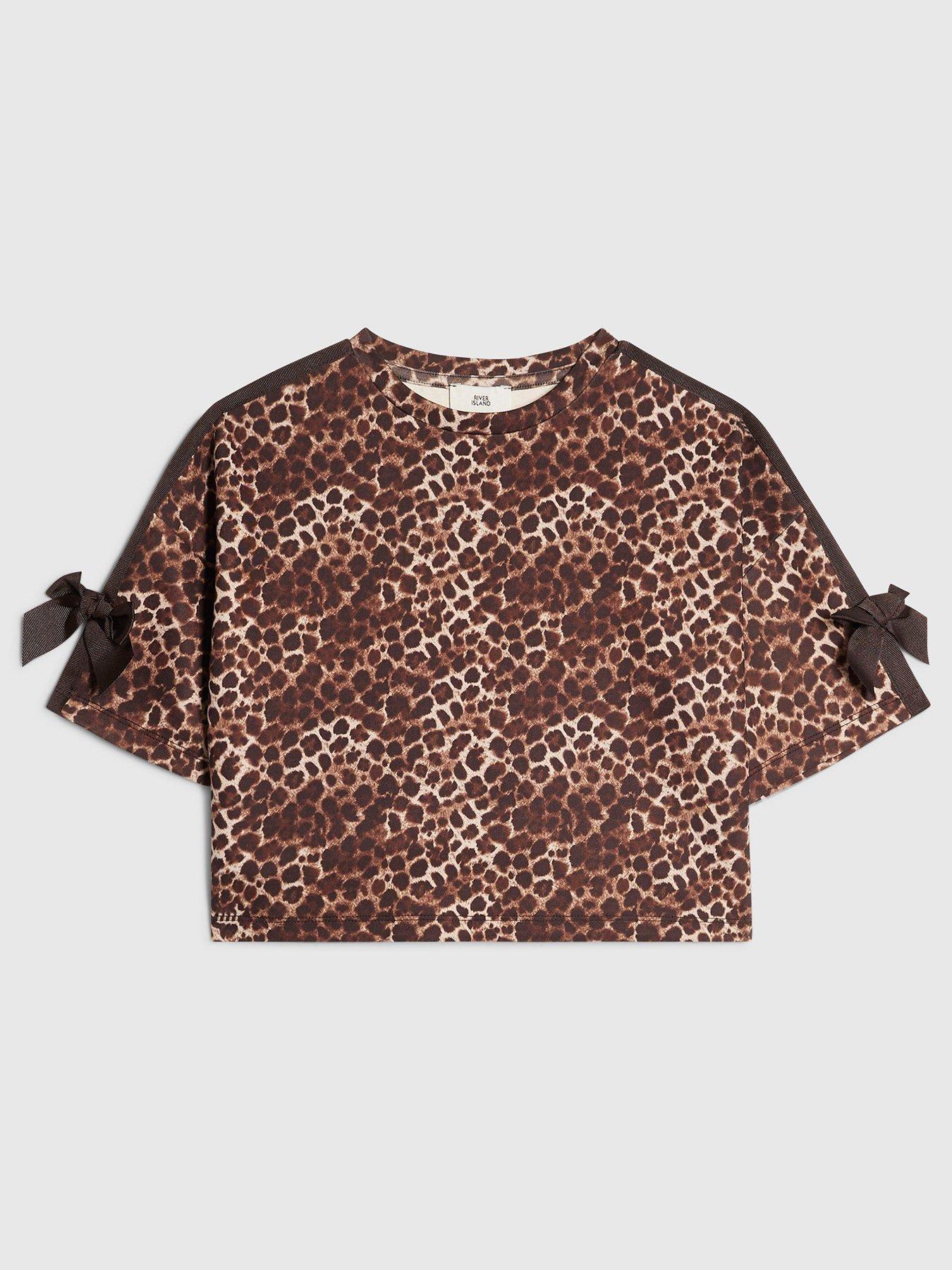 River Island Older Girls Premium Leopard Print Bow Top - Brown