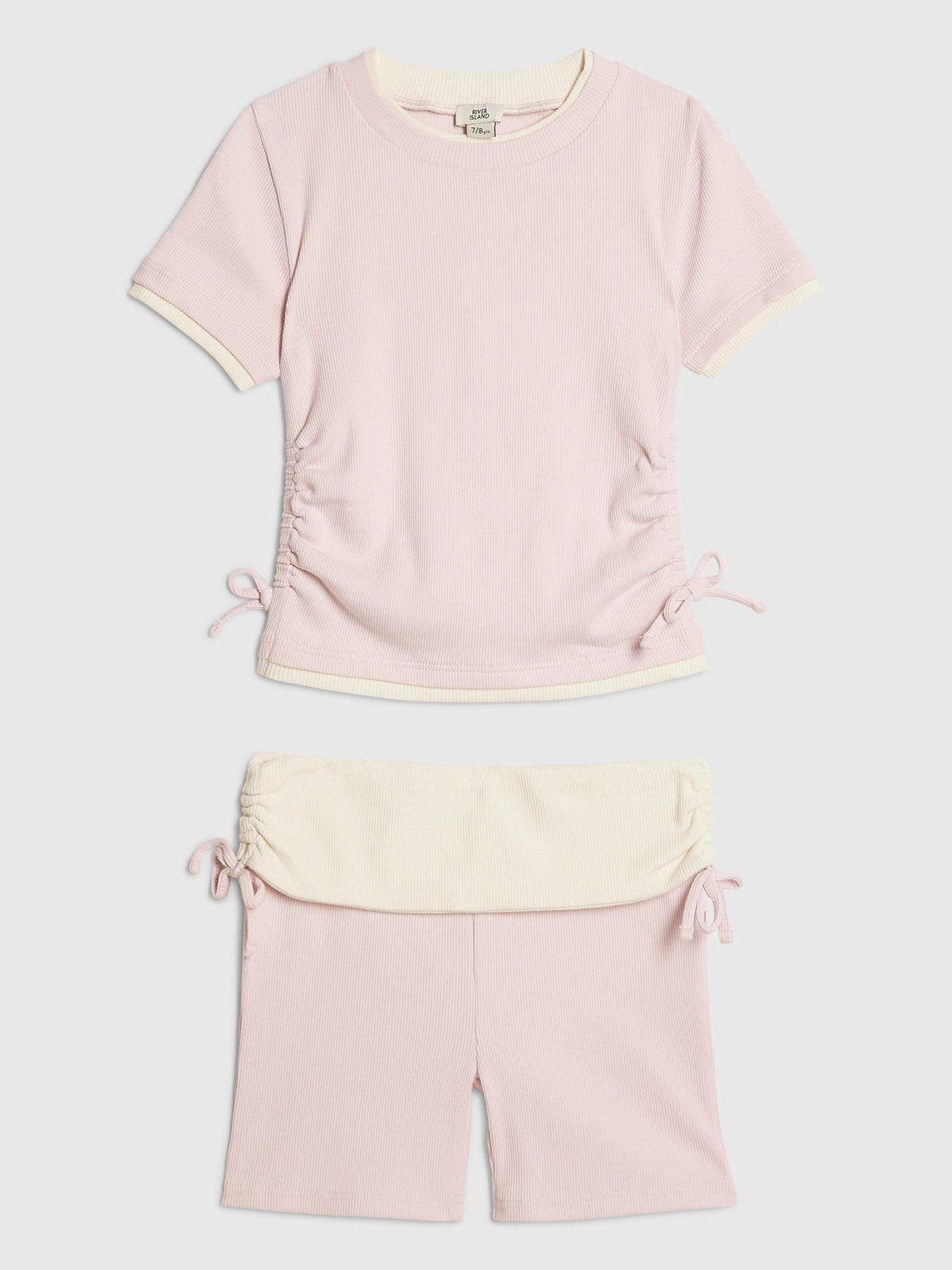 River Island Older Girls Ruched Ribbed Top And Shorts Set - Pink