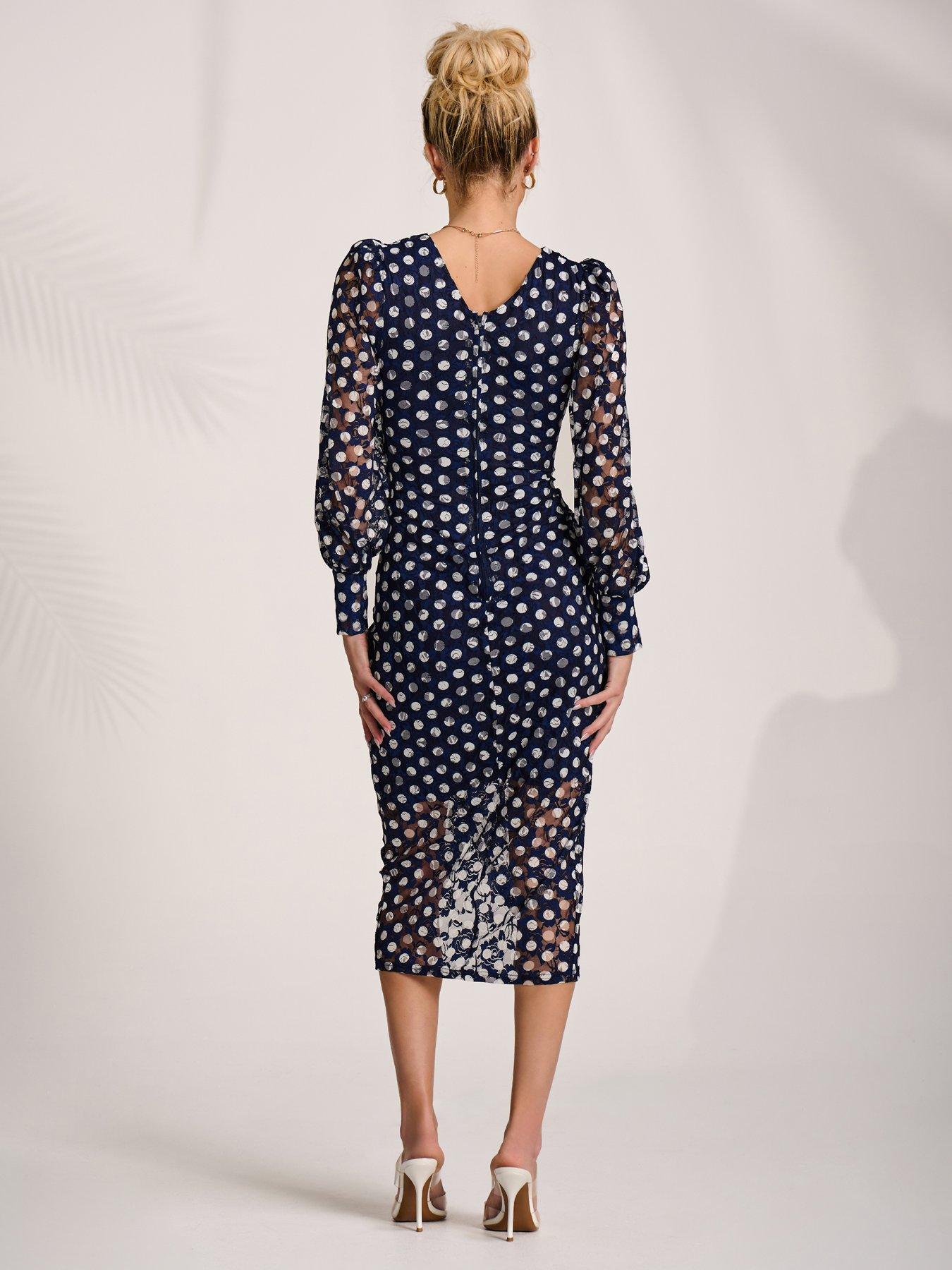 Image 2 of 7 of Jolie Moi Lace Long Sleeve Ruched Bodycon Dress - Navy