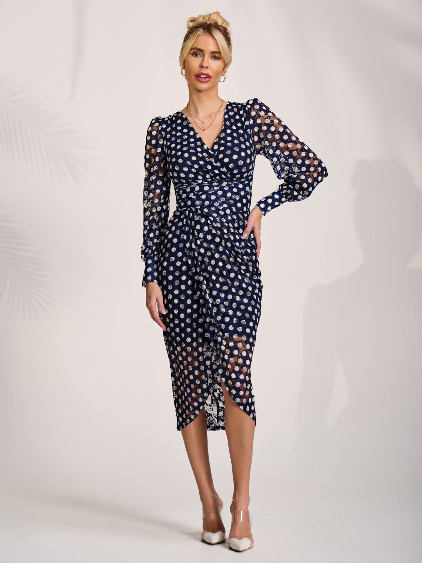 Image 3 of 7 of Jolie Moi Lace Long Sleeve Ruched Bodycon Dress - Navy