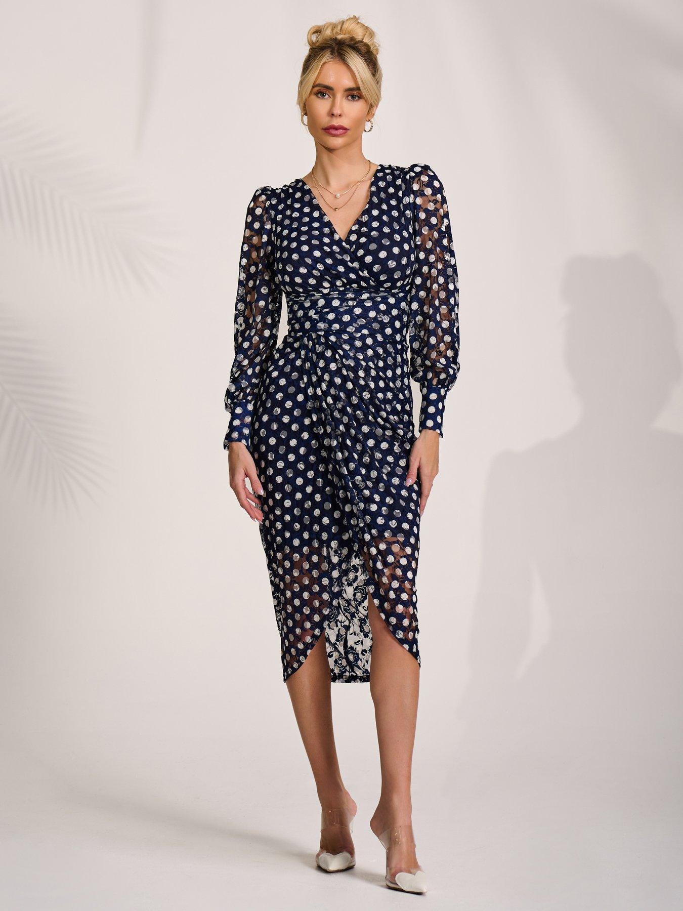 Image 7 of 7 of Jolie Moi Lace Long Sleeve Ruched Bodycon Dress - Navy