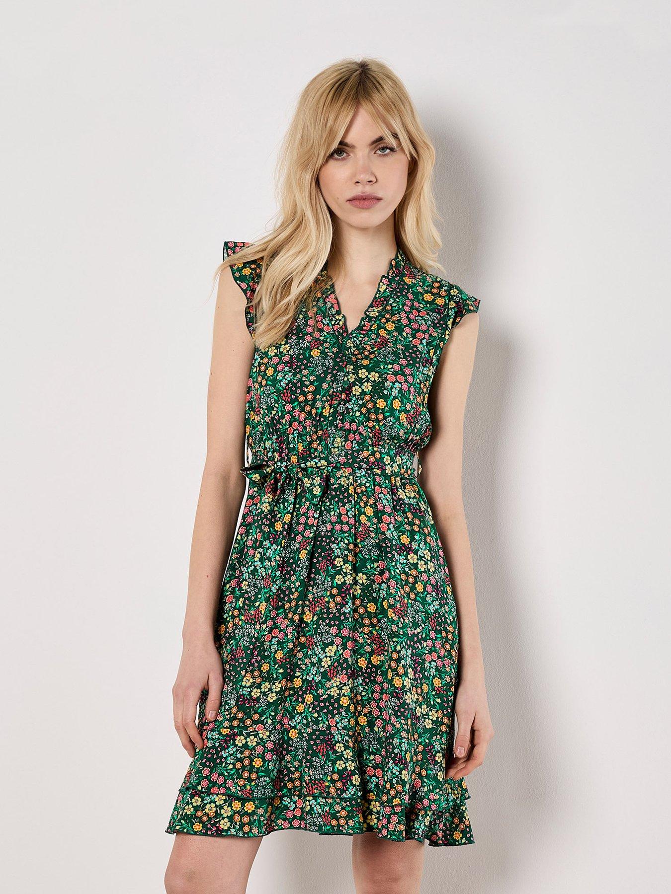 Apricot Ditsy Spritz Ruffle V-Neck Dress - Green