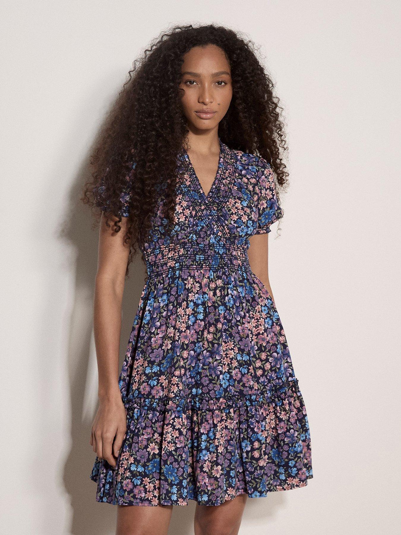 Apricot Floral Smocked Mini Dress - Blue