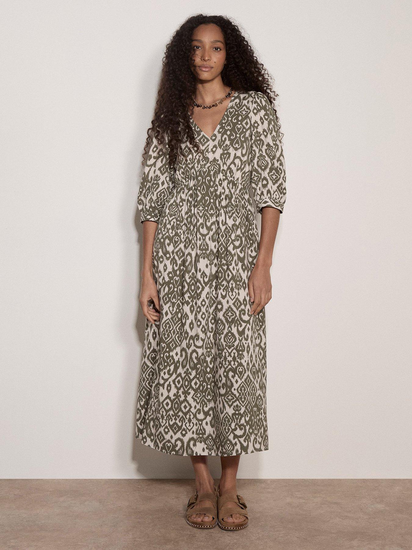 Apricot Tapestry Ikat Midi Dress - Green
