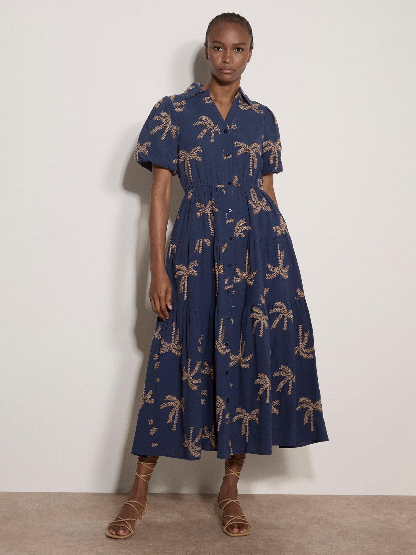 Apricot Embroidered Palms Bubble Sleeve Tiered Midaxi Dress - Blue
