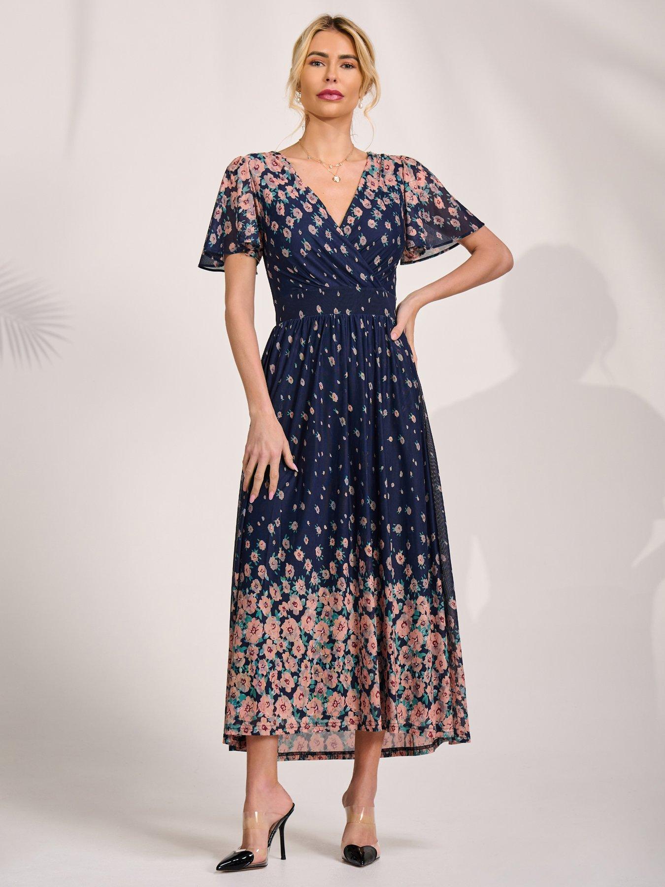 Jolie Moi Mirrored Mesh Short Sleeve Midaxi Dress - Navy