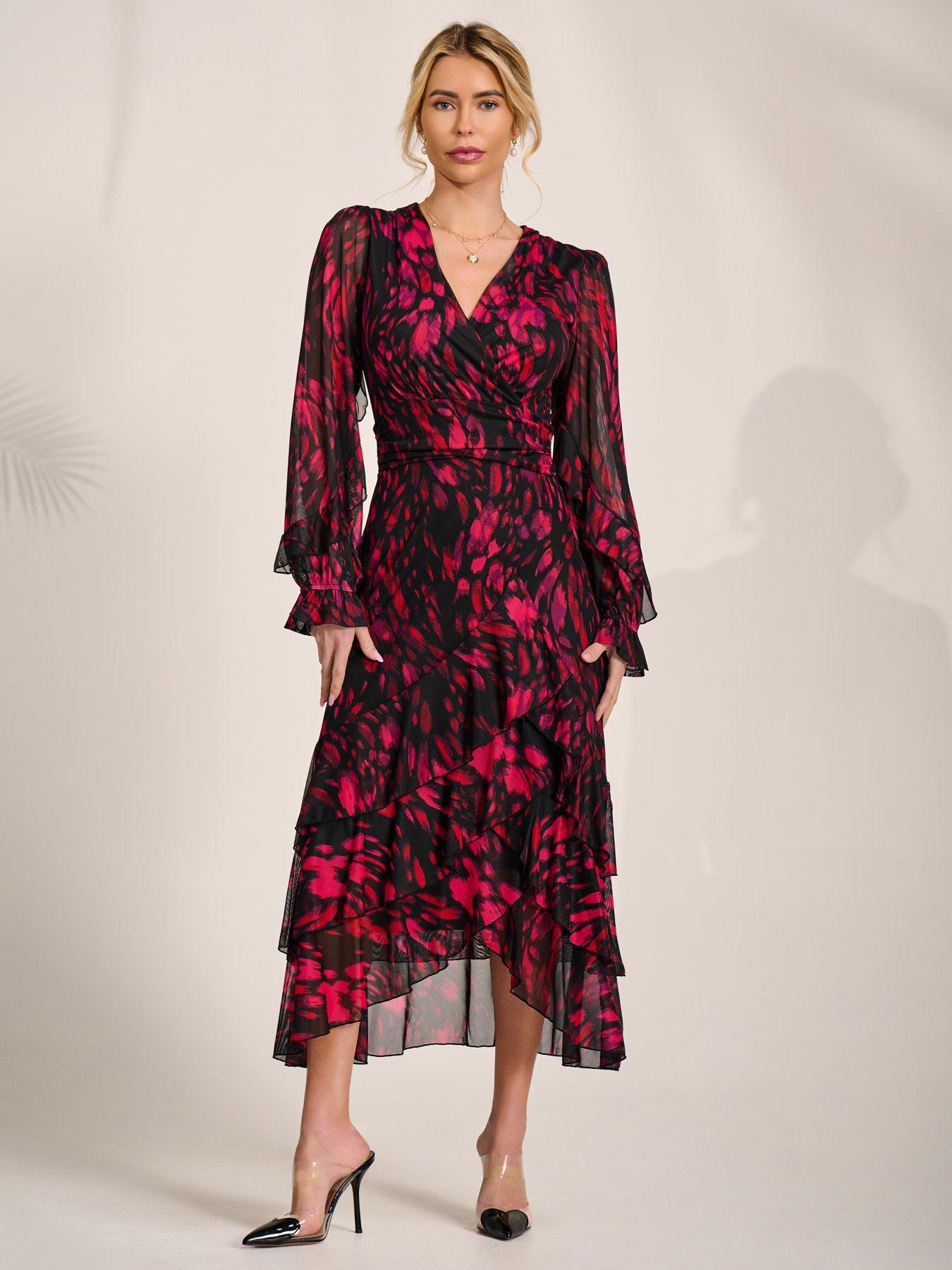 Jolie Moi Long Sleeve Frill Detail Mesh Maxi Dress - Red