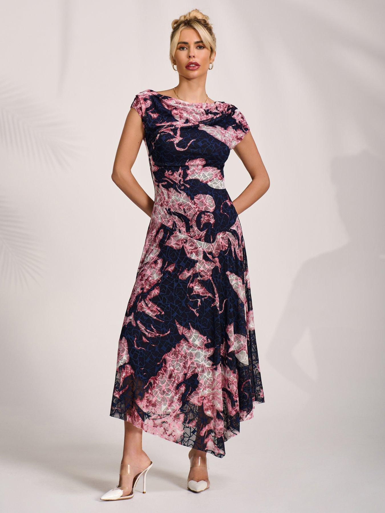 Jolie Moi Asymmetric Draped Print Lace Maxi Dress - Pink