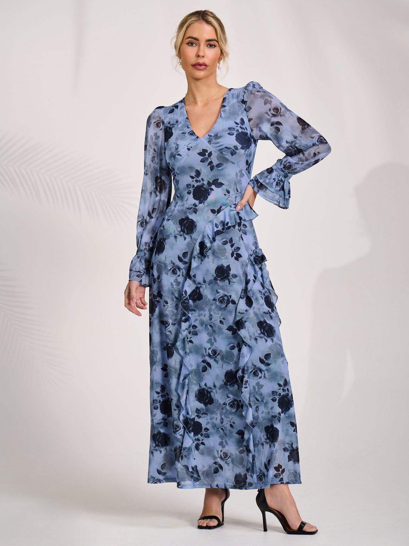 Jolie Moi Long Sleeve Ruffle Mesh Maxi Dress - Blue