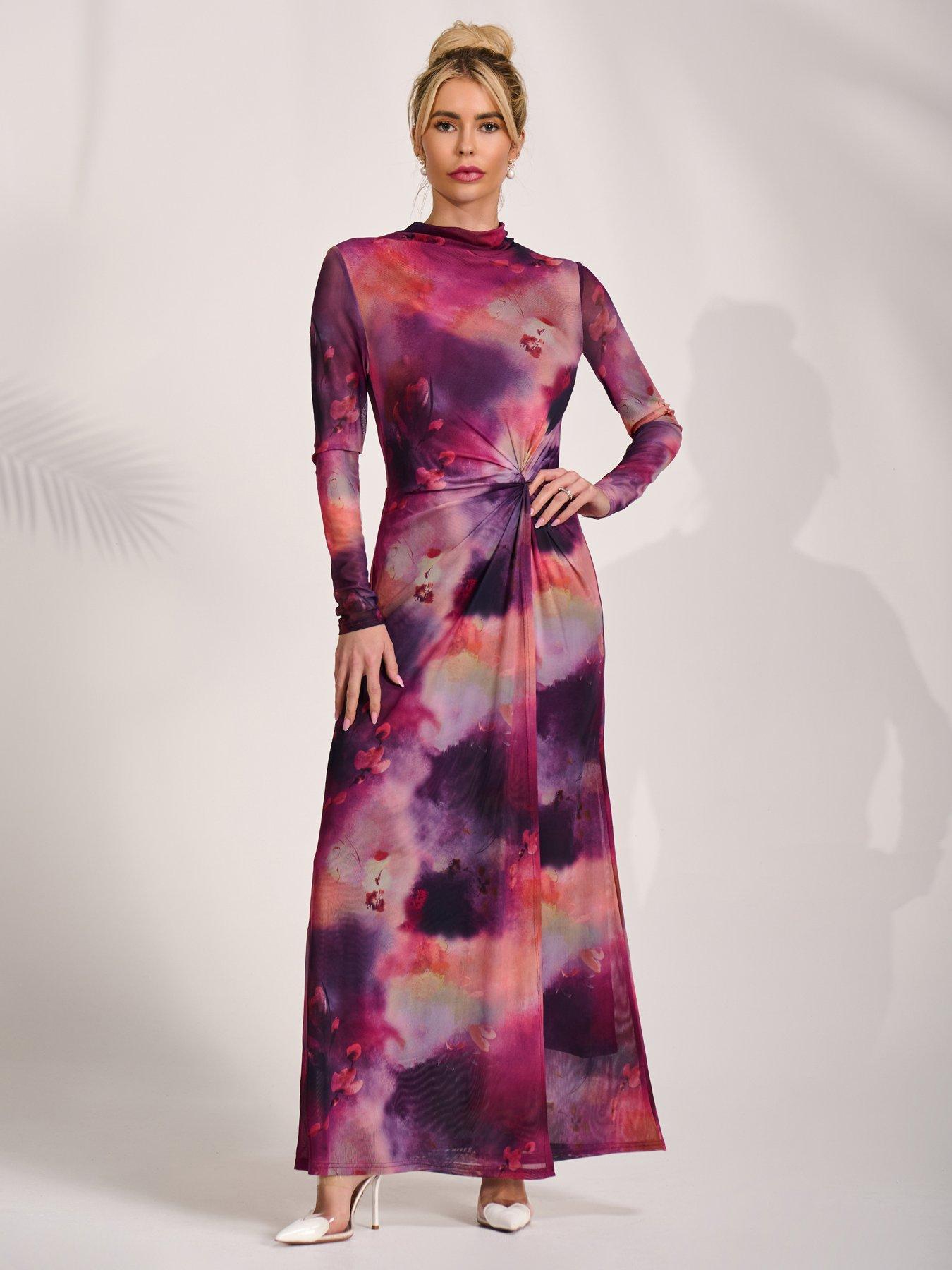 Jolie Moi High Neck Long Sleeve Mesh Maxi Dress - Pink
