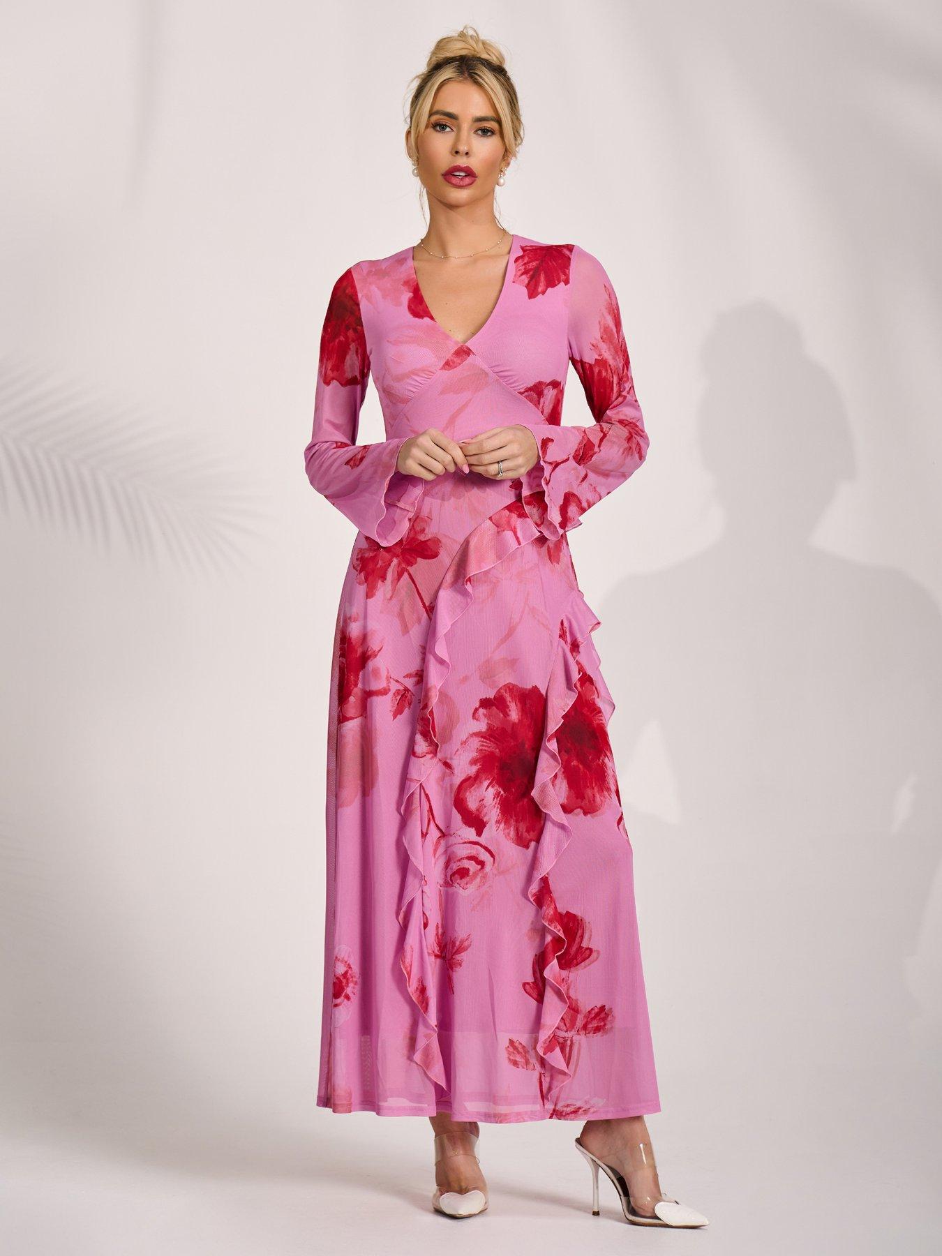 Jolie Moi Long Sleeve Ruffle Mesh Maxi Dress - Pink