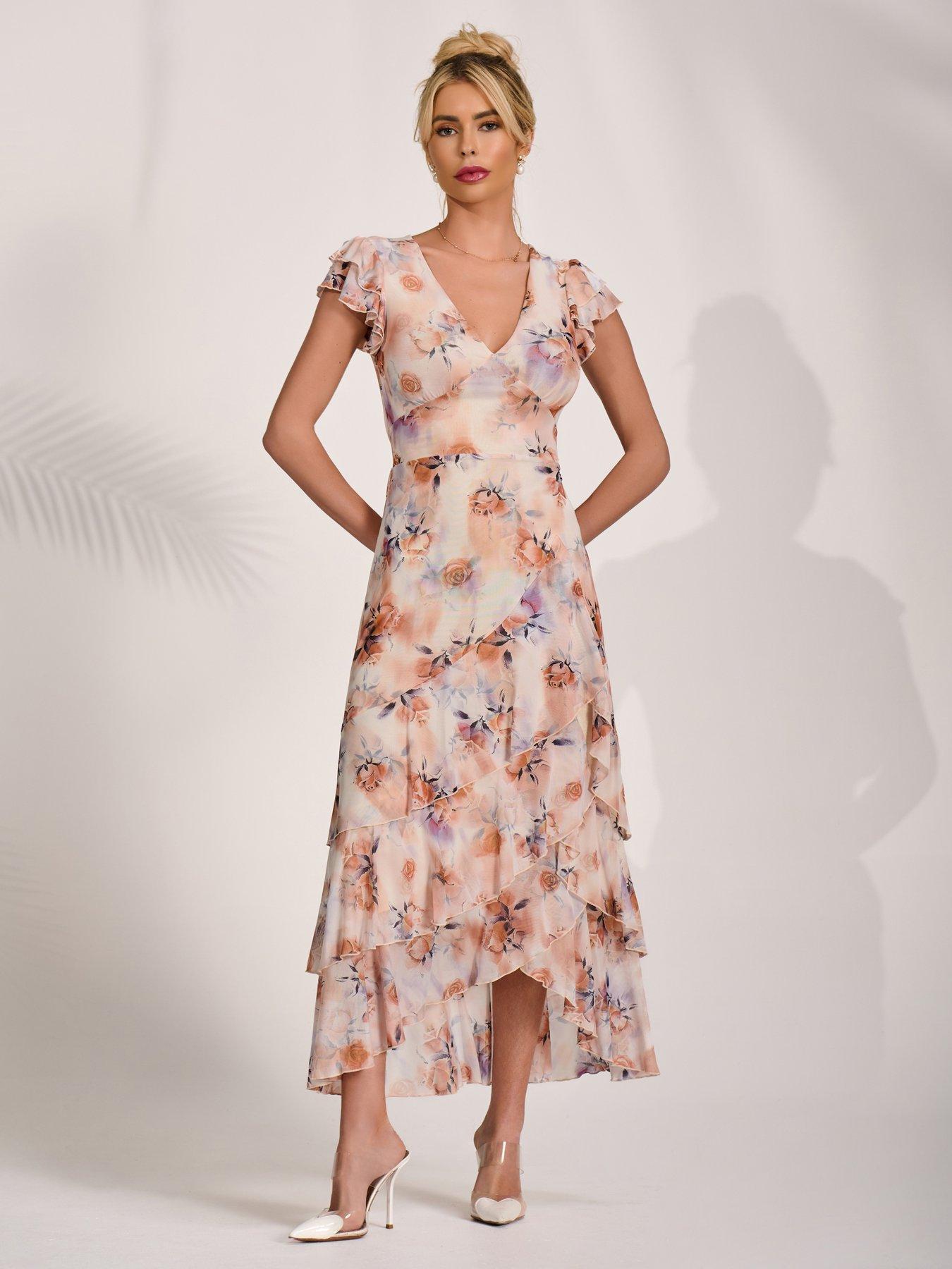 Jolie Moi Mesh Ruffle Detail Maxi Dress - Orange