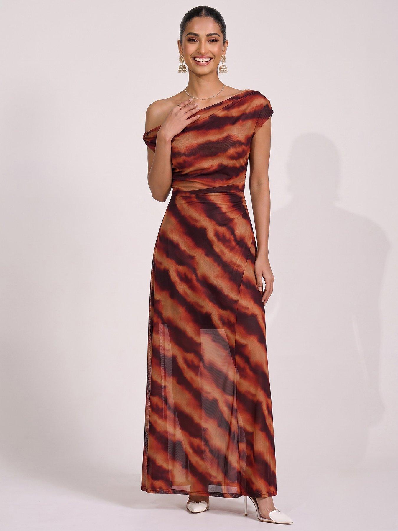 Jolie Moi Mesh Asymmetrical Off Shoulder Maxi Dress - Orange