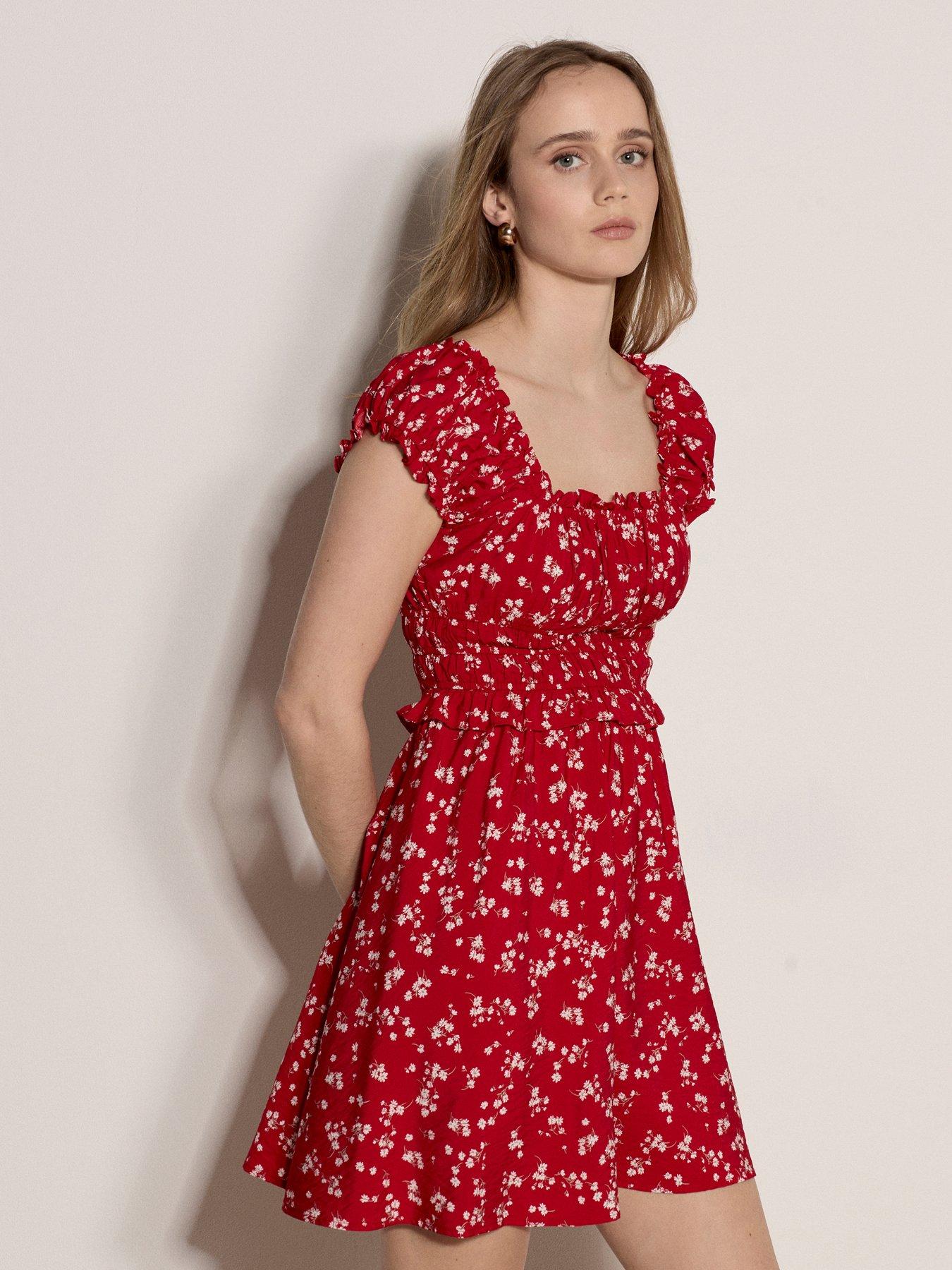 red ditsy print bardot frill hem skater dress Red Ditsy Fit And Flare Dress Mini