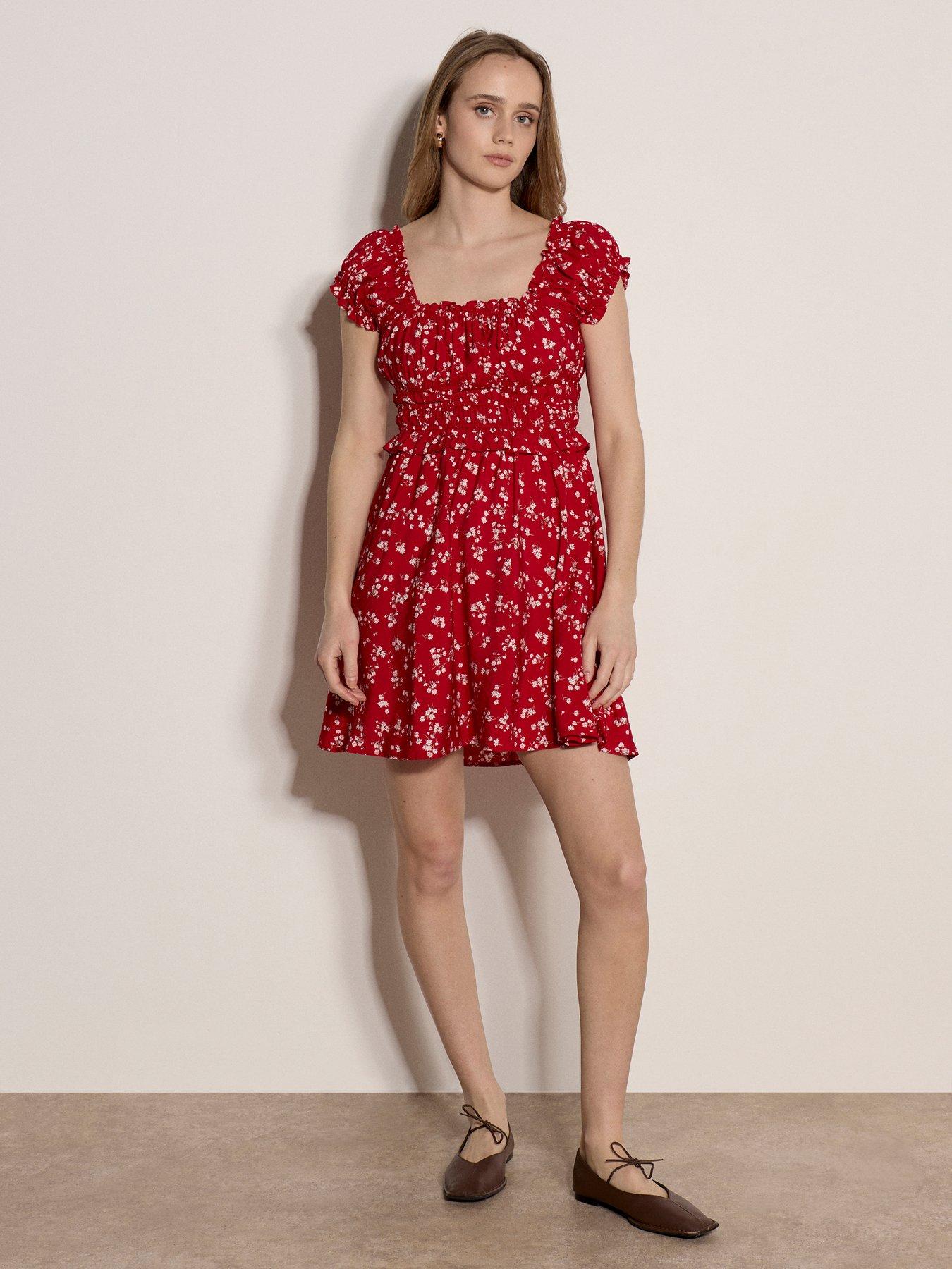 Image 2 of 4 of Apricot Printed Ruffle Detail Dress - Red