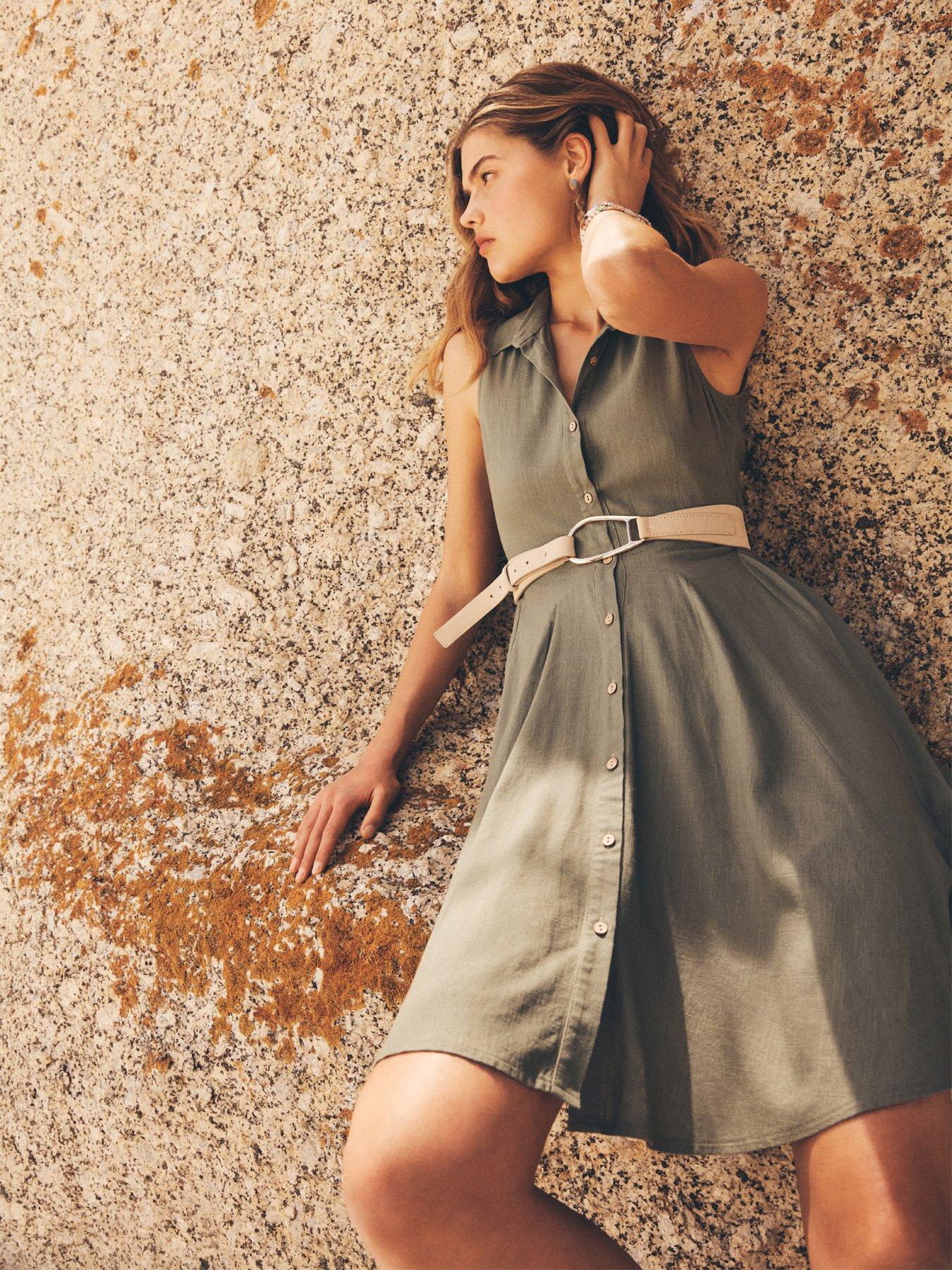Apricot Linen Mix S/Less Shirt Dress With Panel Skirt - Green