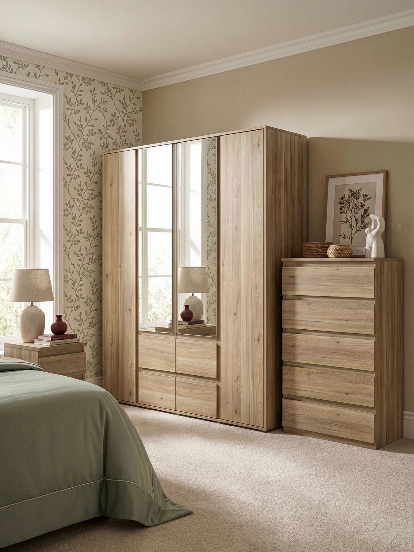 The Very Collection Lisson 3 Piece Package - 4 Door Mirrored Multi Wardrobe, 5 Drawer Chest and 2 Drawer Bedside Chest - New Oak - FSC® Certified