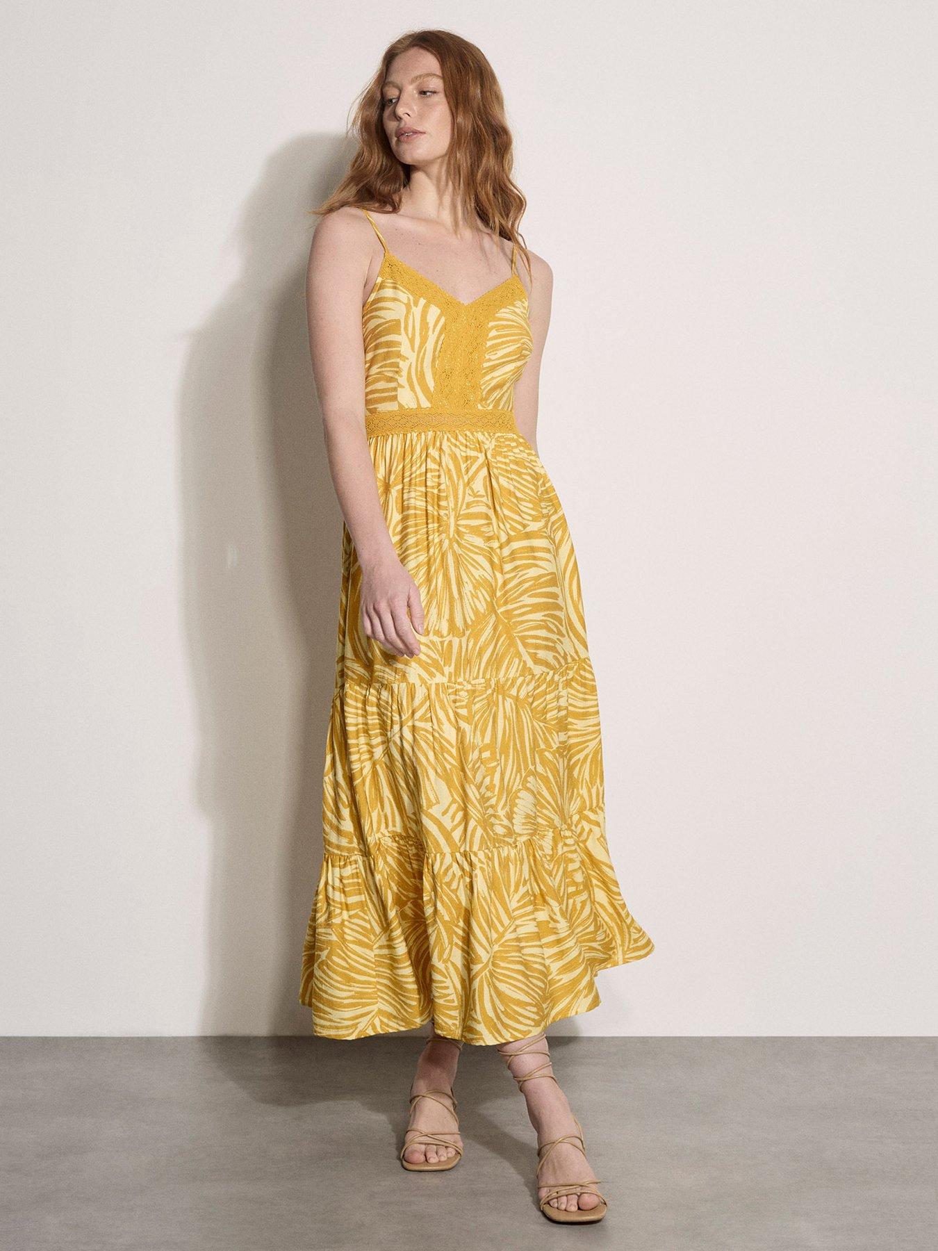 Image 1 of 4 of Apricot Leaf Print Tiered Maxi Dress - Yellow