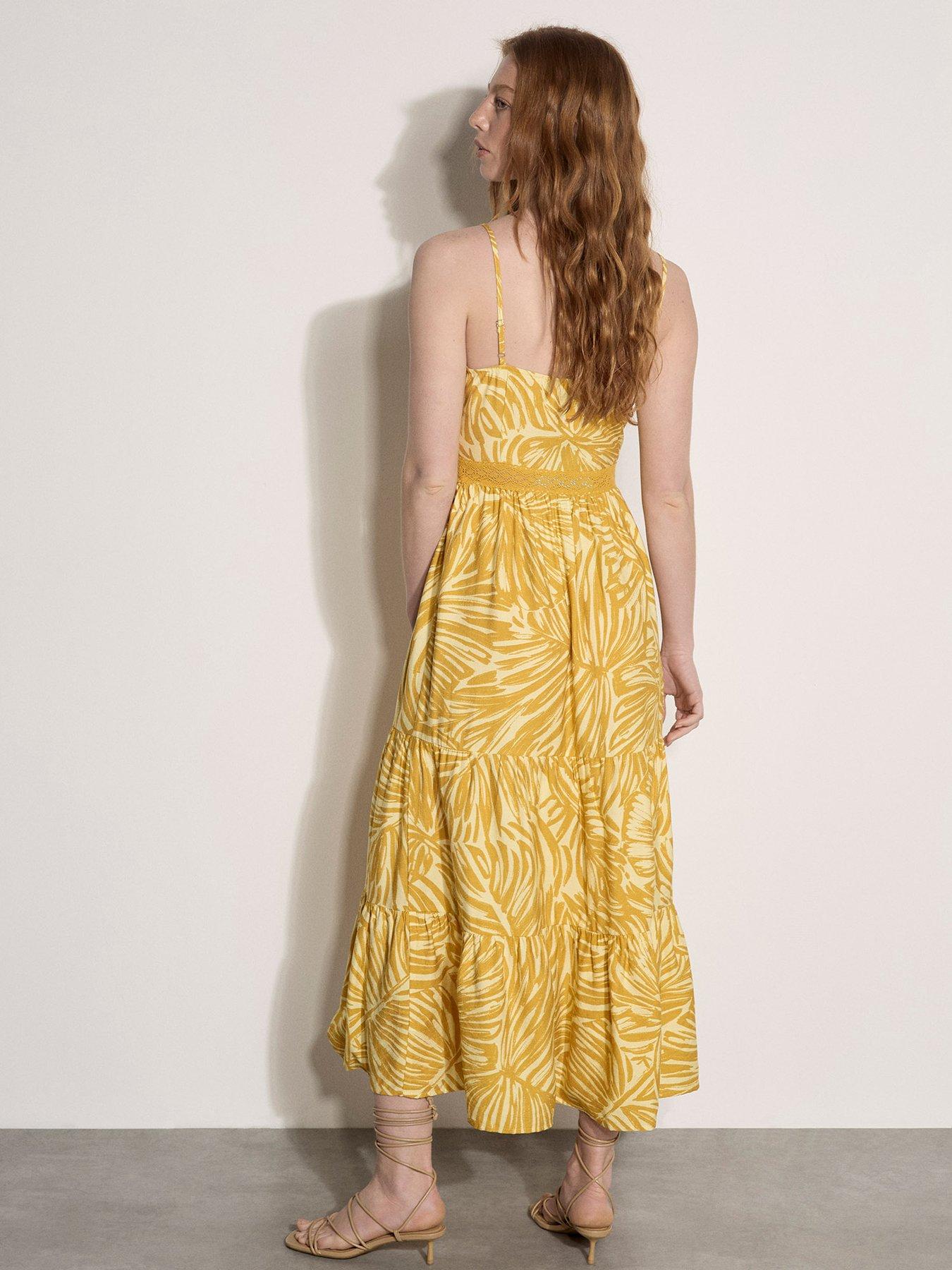 Image 2 of 4 of Apricot Leaf Print Tiered Maxi Dress - Yellow