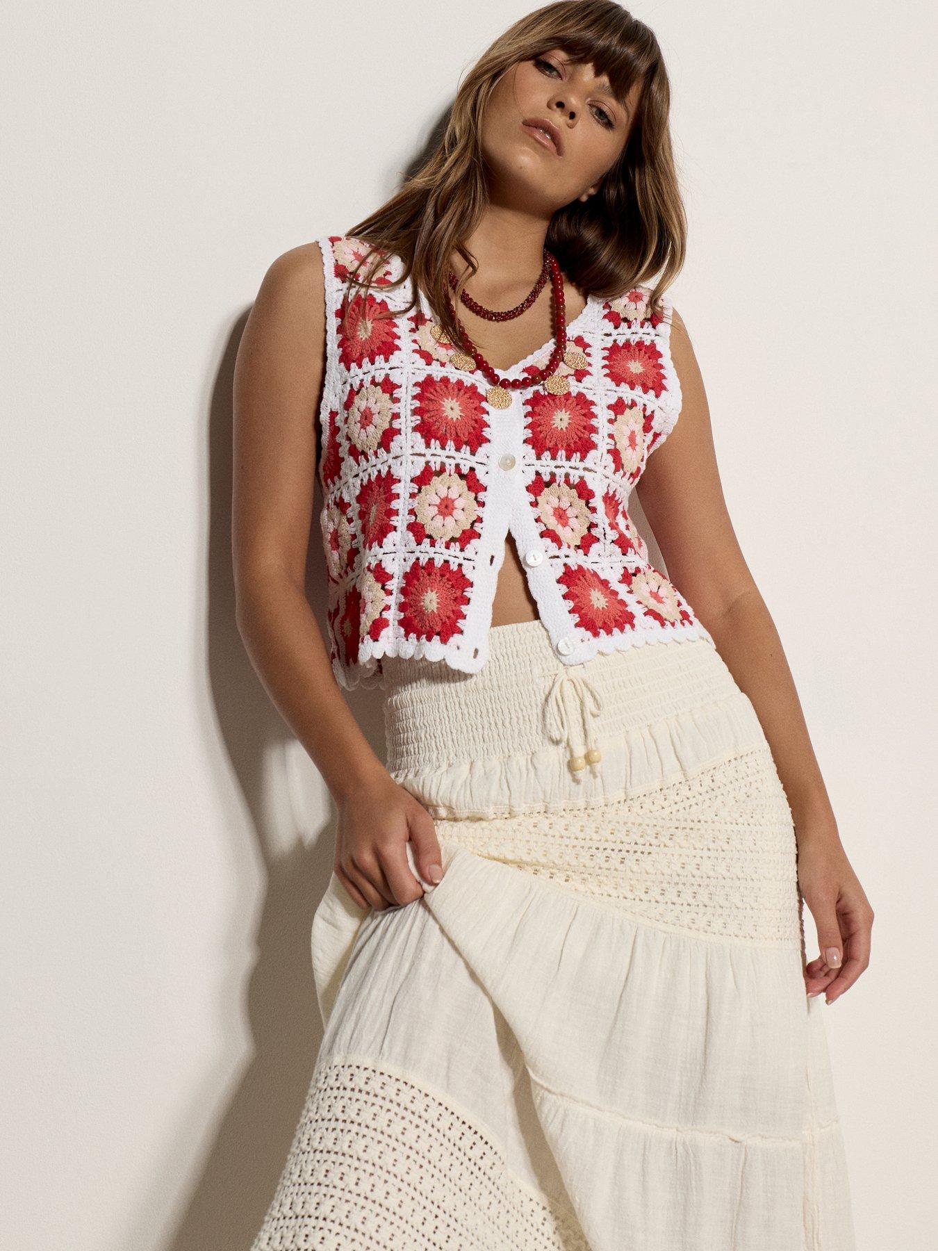 Image 1 of 4 of Apricot Crochet Detail Tiered Skirt - Cream