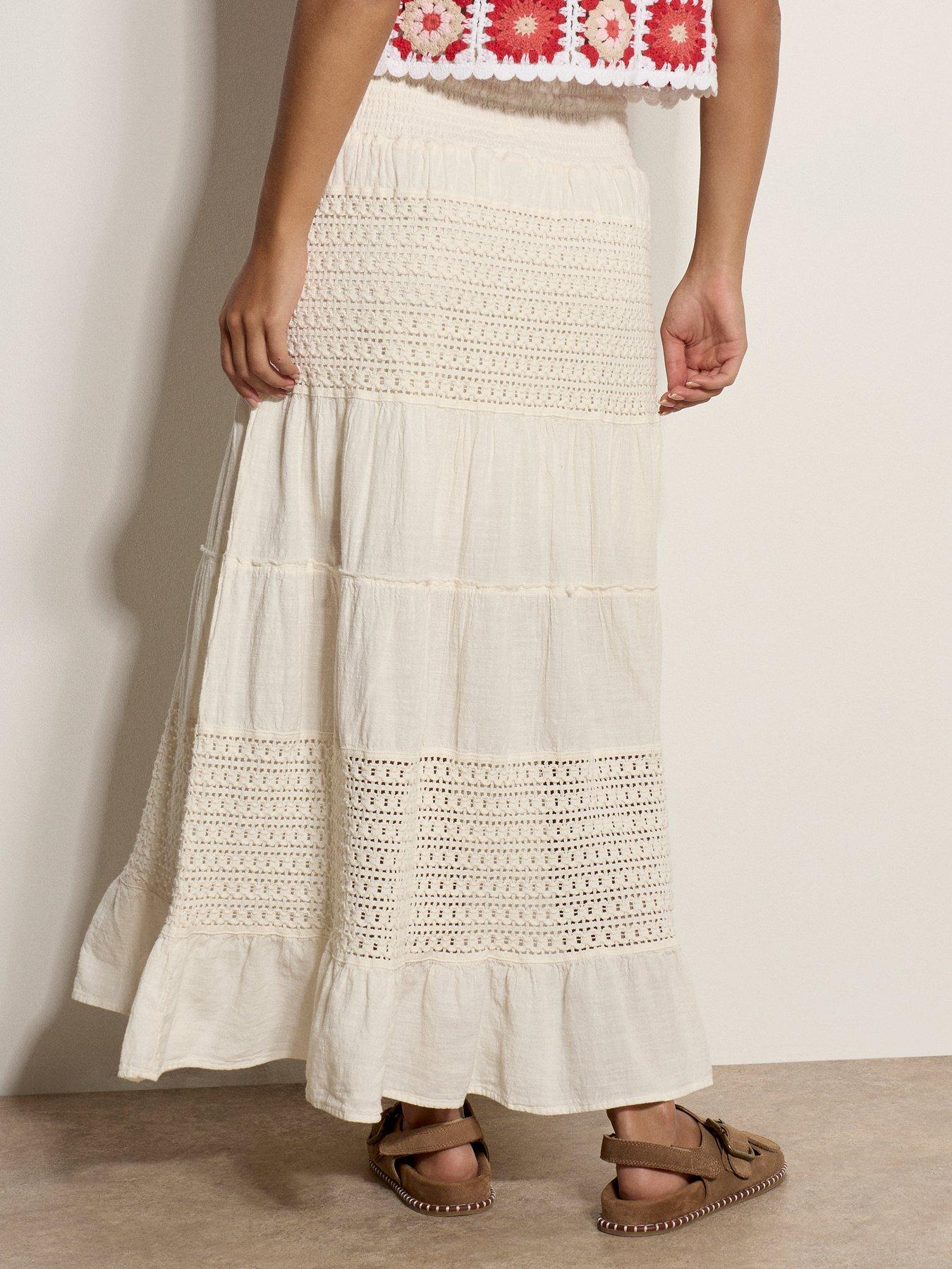 Image 2 of 4 of Apricot Crochet Detail Tiered Skirt - Cream