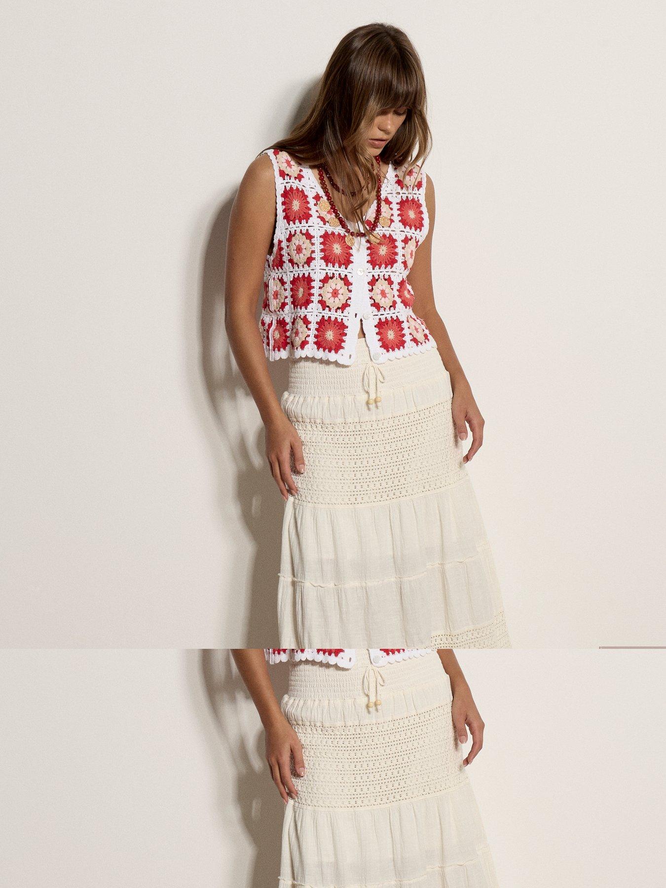 Image 4 of 4 of Apricot Crochet Detail Tiered Skirt - Cream