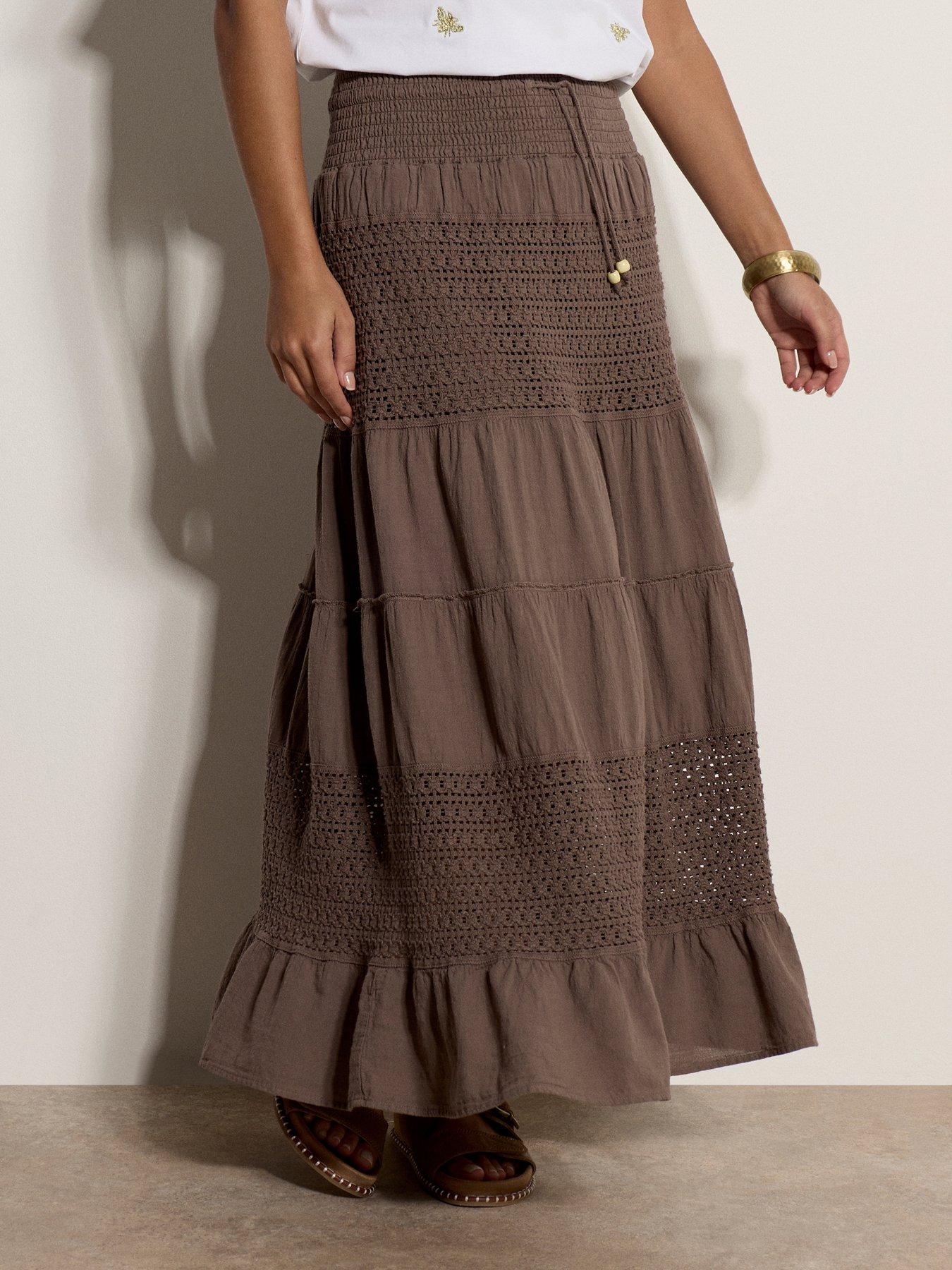 Image 1 of 4 of Apricot Crochet Detail Tiered Skirt - Stone