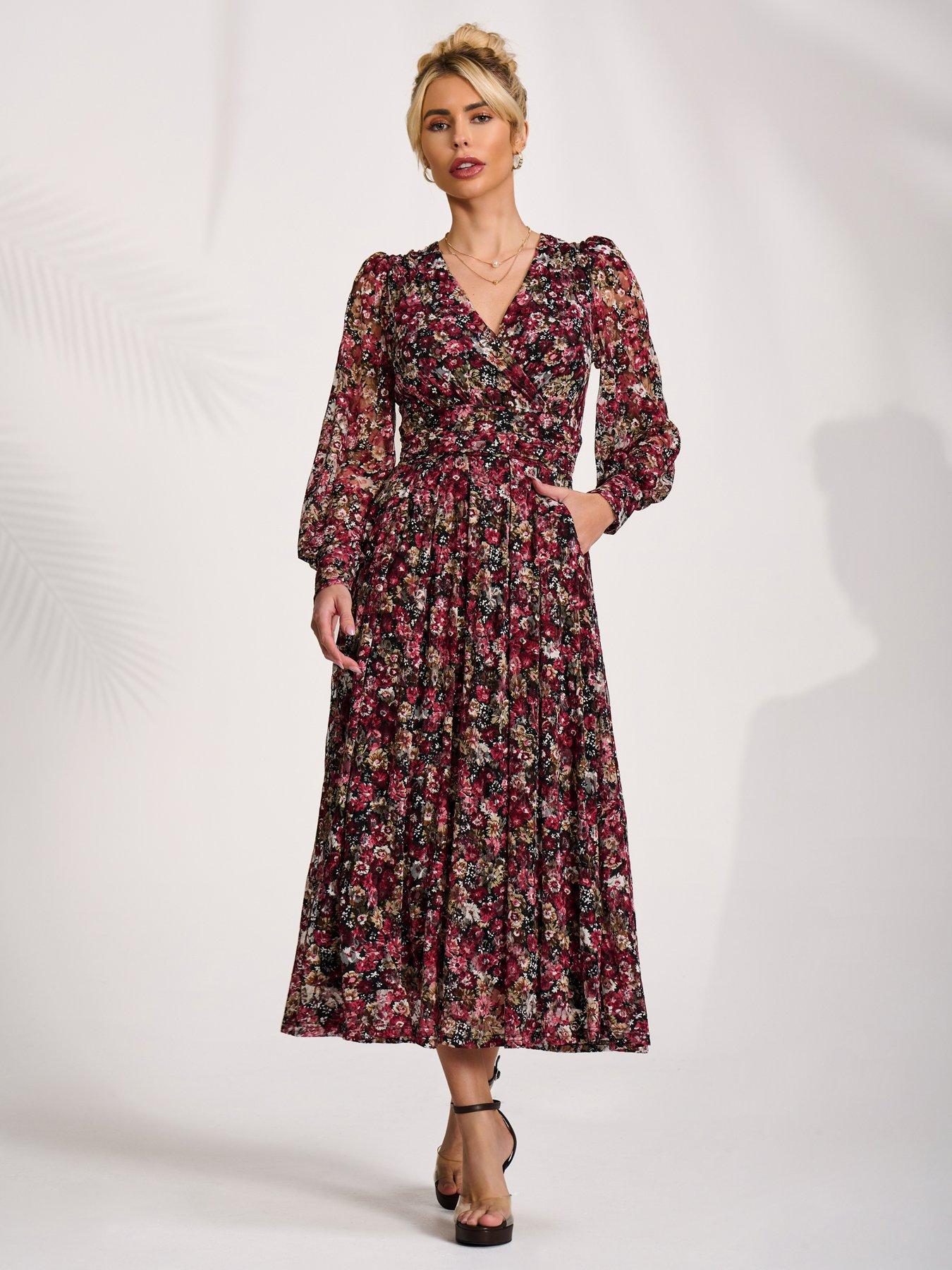 Jolie Moi Long Sleeve Printed Lace Maxi Dress - Black