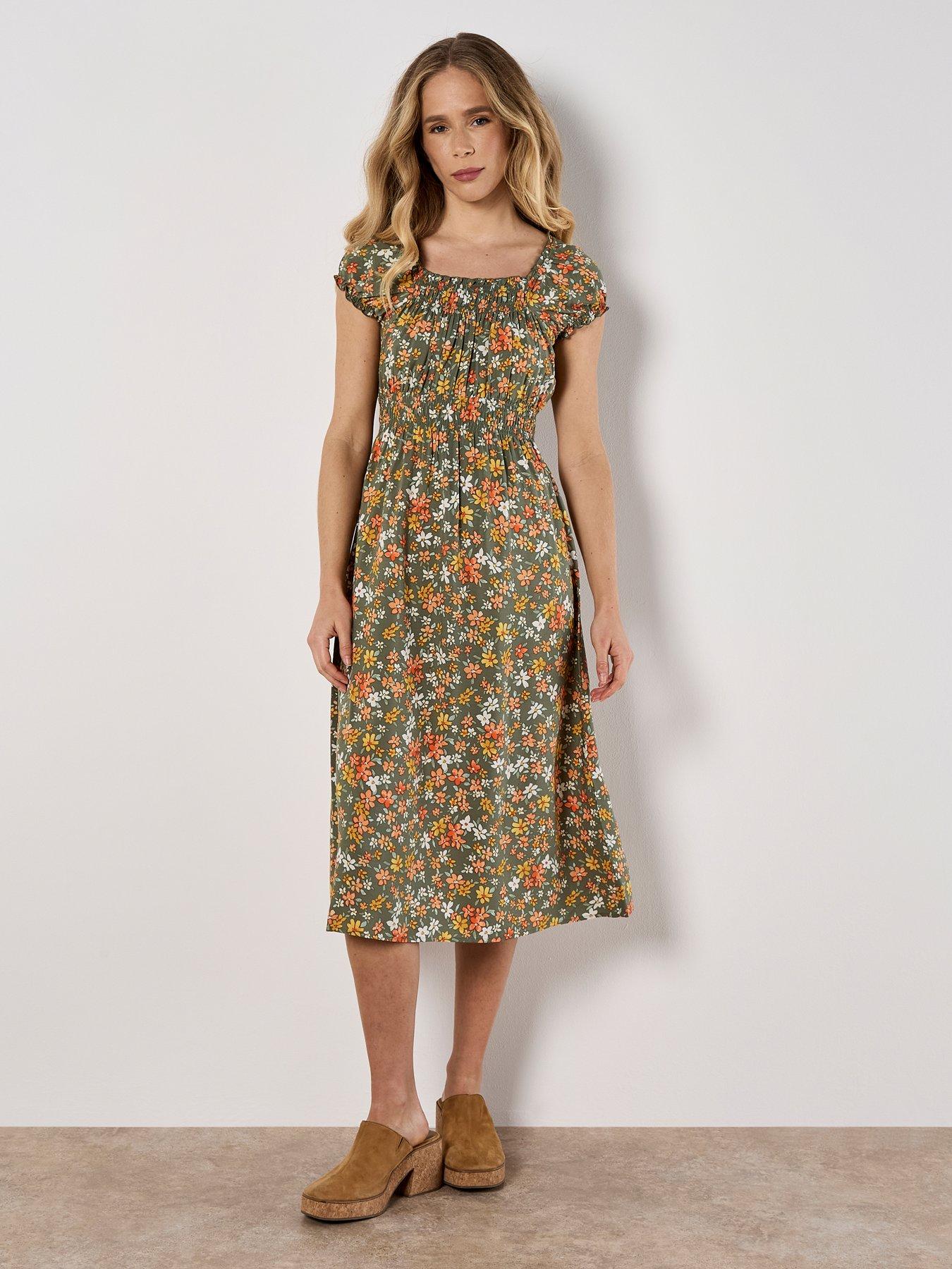 Apricot Milkmaid Ditsy Midi Dress - Green
