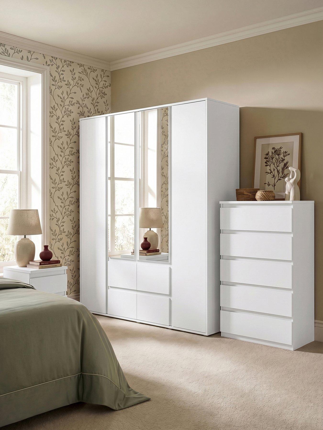 The Very Collection Lisson 3 Piece Package - 4 Door Mirrored Multi Wardrobe, 5 Drawer Chest and 2 Drawer Bedside Chest - White - FSC® Certified