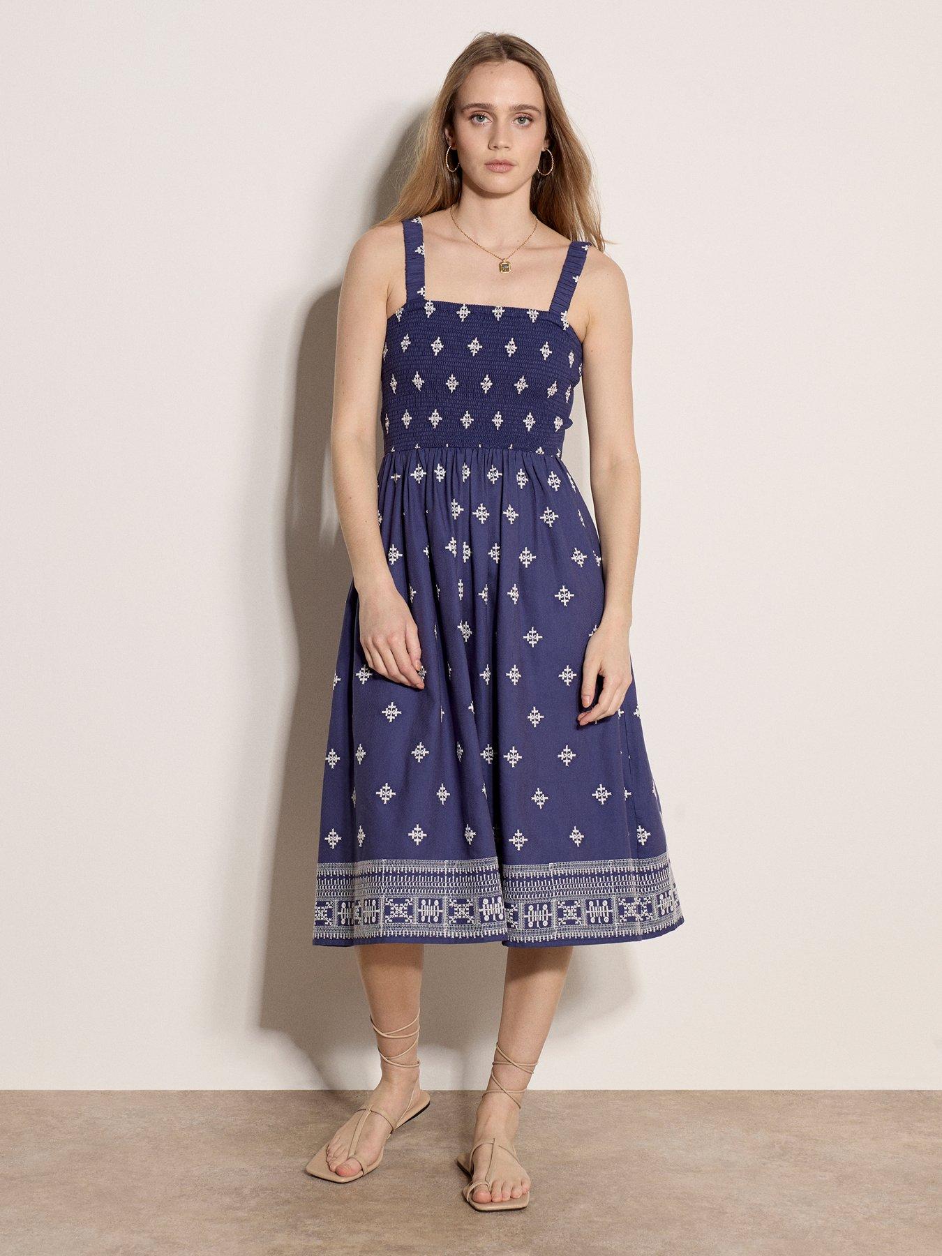 Apricot Embroidered Smock Back 3 Panel Midi Dress - Purple