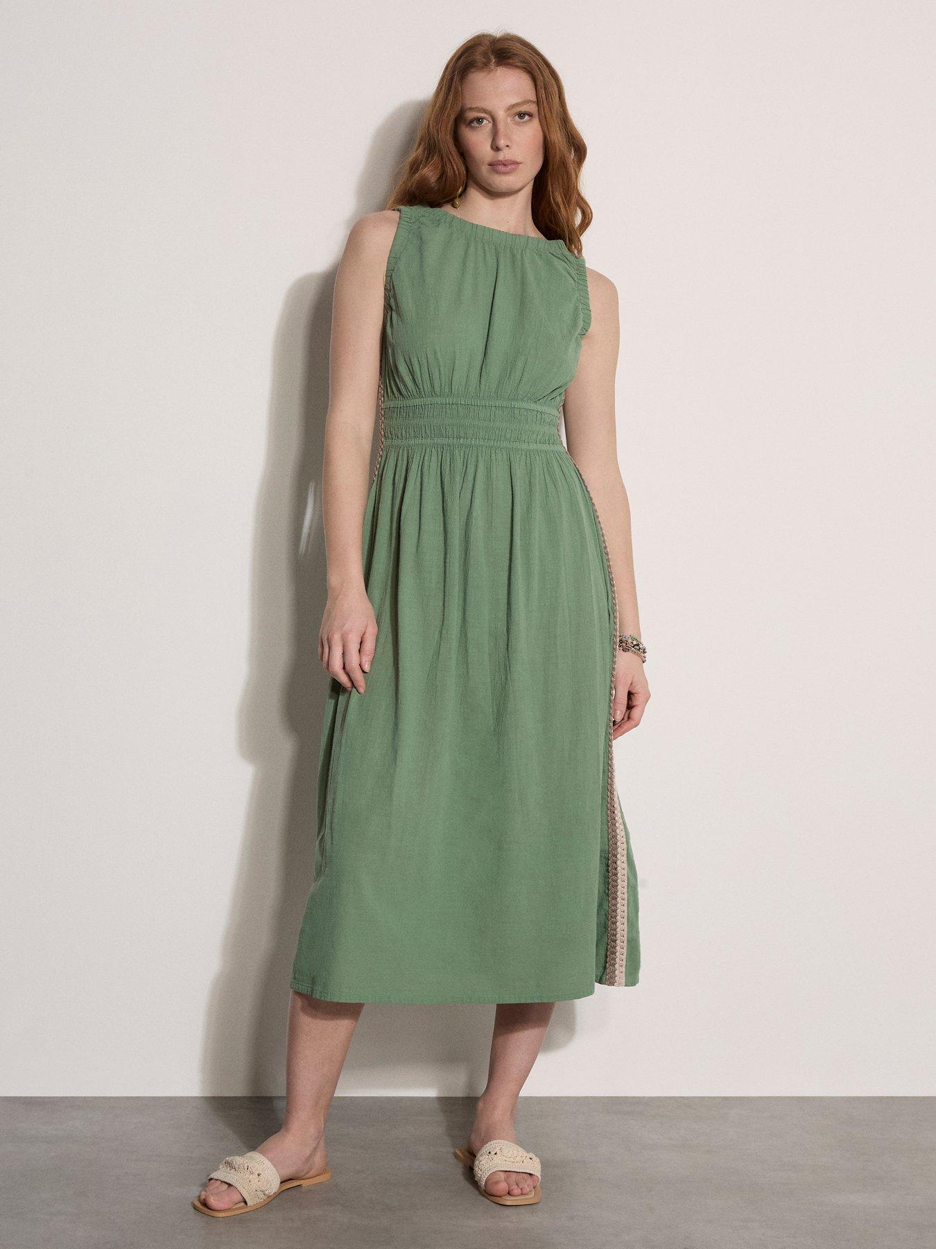 Apricot Knitted Crochet Trimsmock Detail Midi Dress - Green