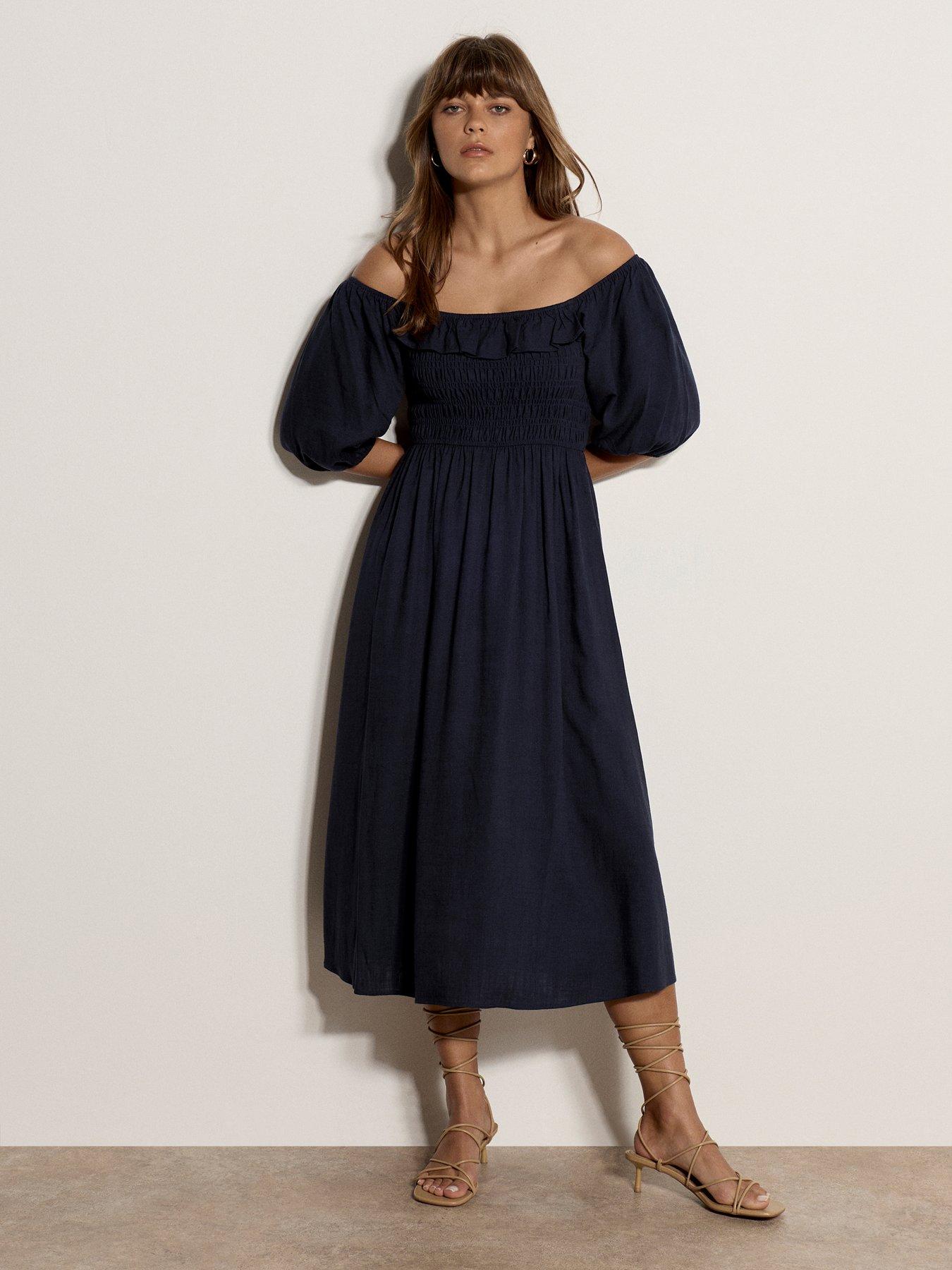 Apricot Maxi Shirred Bardot Dress - Blue