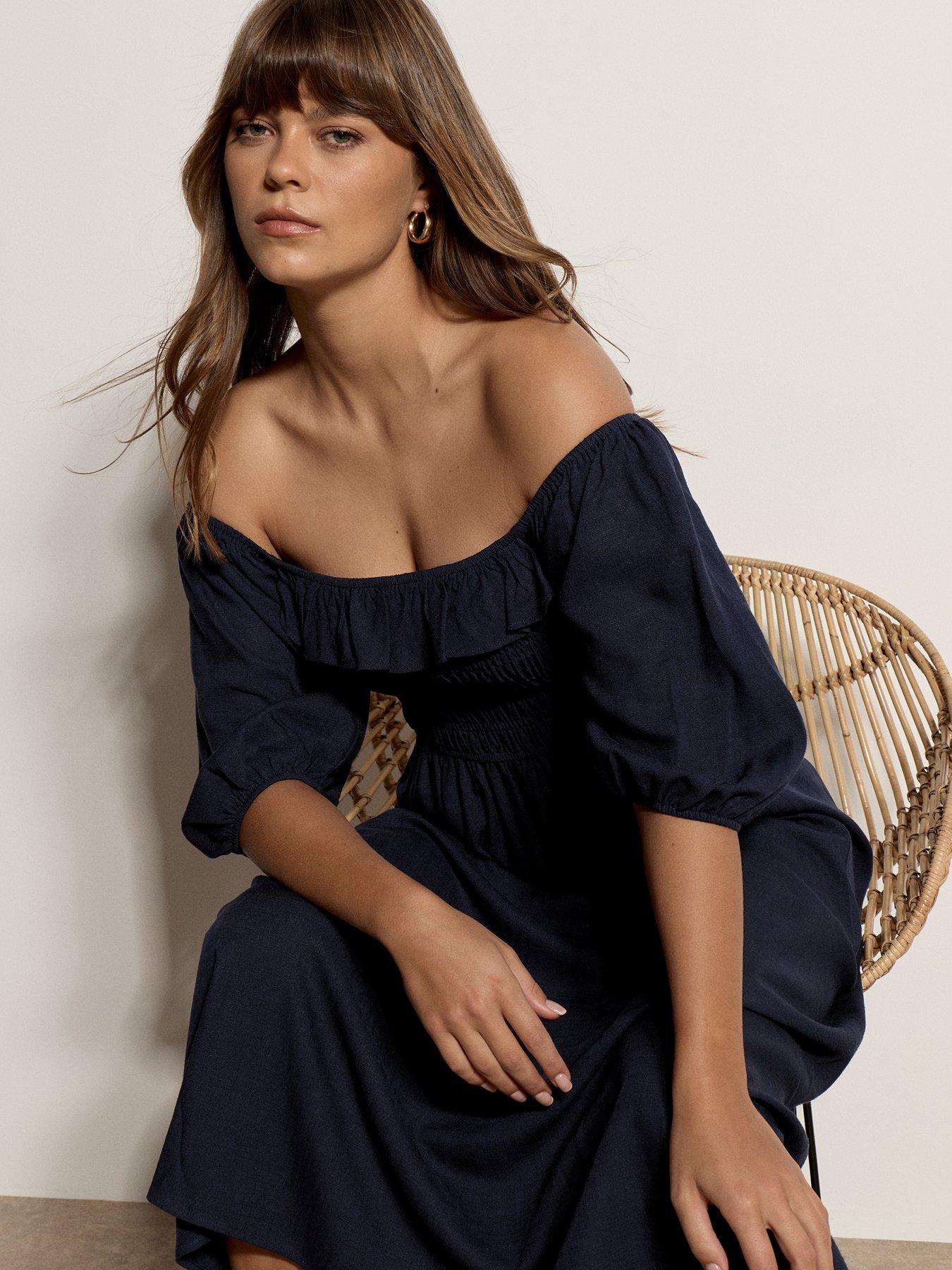 Image 4 of 5 of Apricot Maxi Shirred Bardot Dress