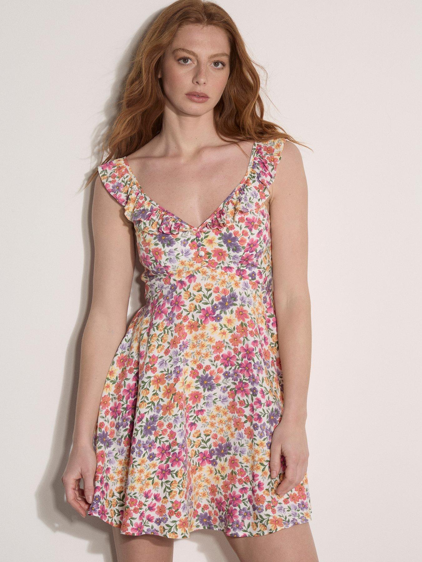 Apricot Floral Patchwork Ruffle Mini Dress