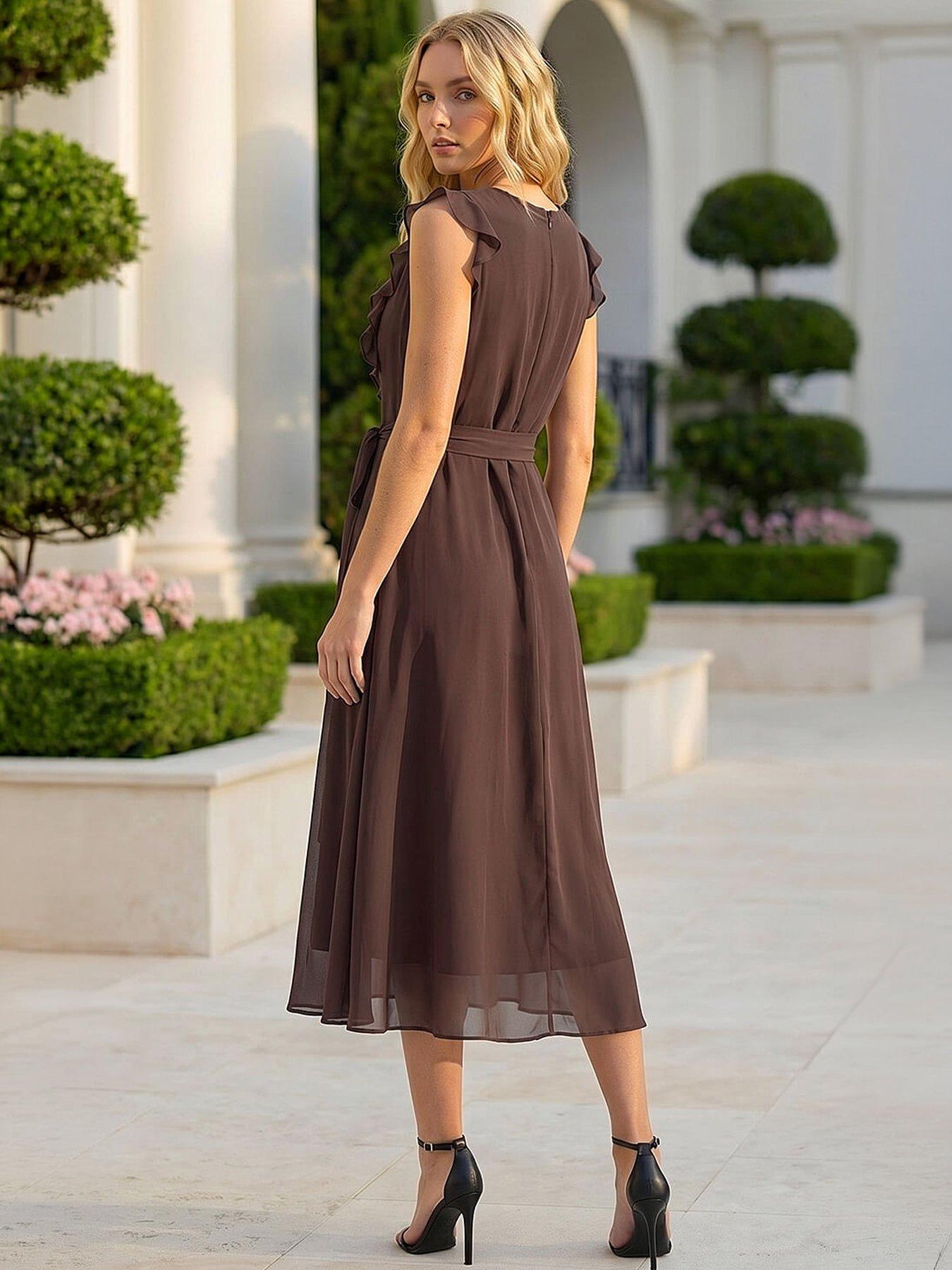 Image 3 of 4 of Roman Chiffon Frill Front Midi Dress