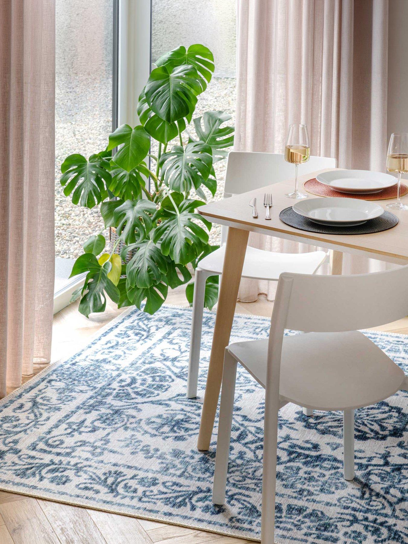Kukoon Flatwoven Washable Distressed Blue Damask Rug - Bala