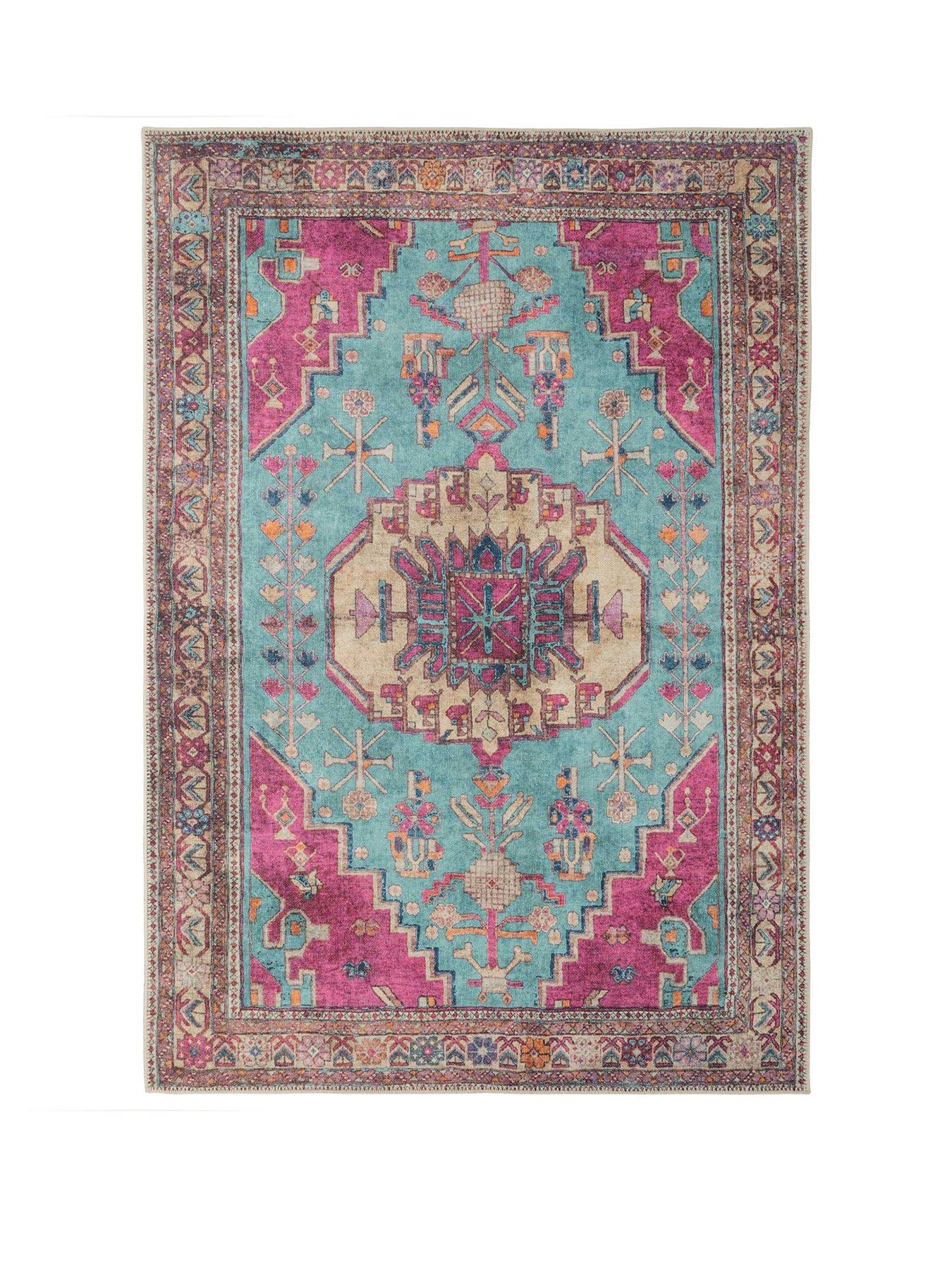 Image 2 of 4 of Kukoon Flatwoven Washable Vibrant Teal Pink Distressed Boho Rug - Clarissa