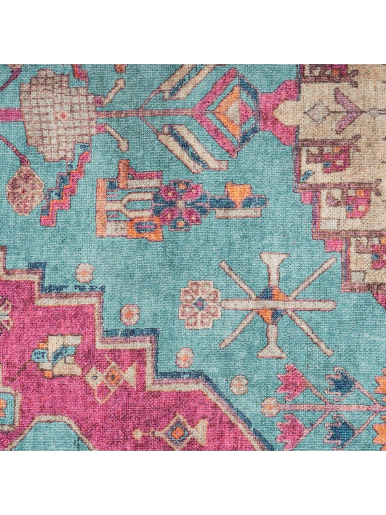 Image 3 of 4 of Kukoon Flatwoven Washable Vibrant Teal Pink Distressed Boho Rug - Clarissa