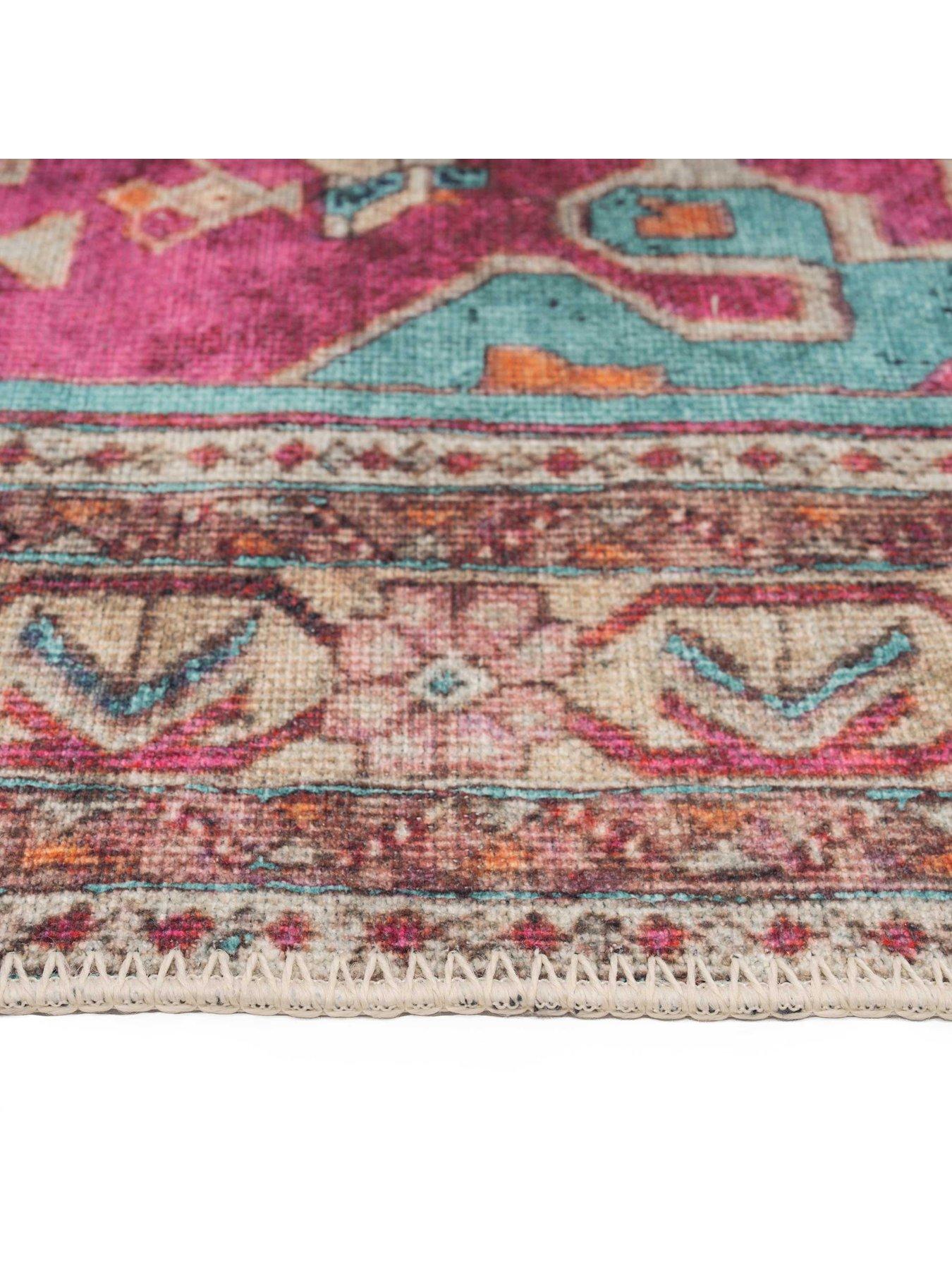 Image 4 of 4 of Kukoon Flatwoven Washable Vibrant Teal Pink Distressed Boho Rug - Clarissa