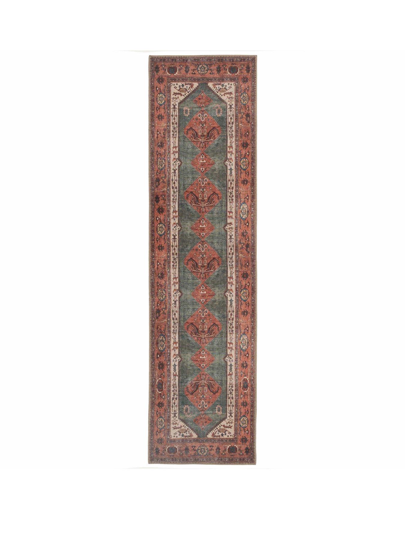 Image 2 of 4 of Kukoon Flatwoven Washable Distressed Terracotta Green Boho Runner - Faro