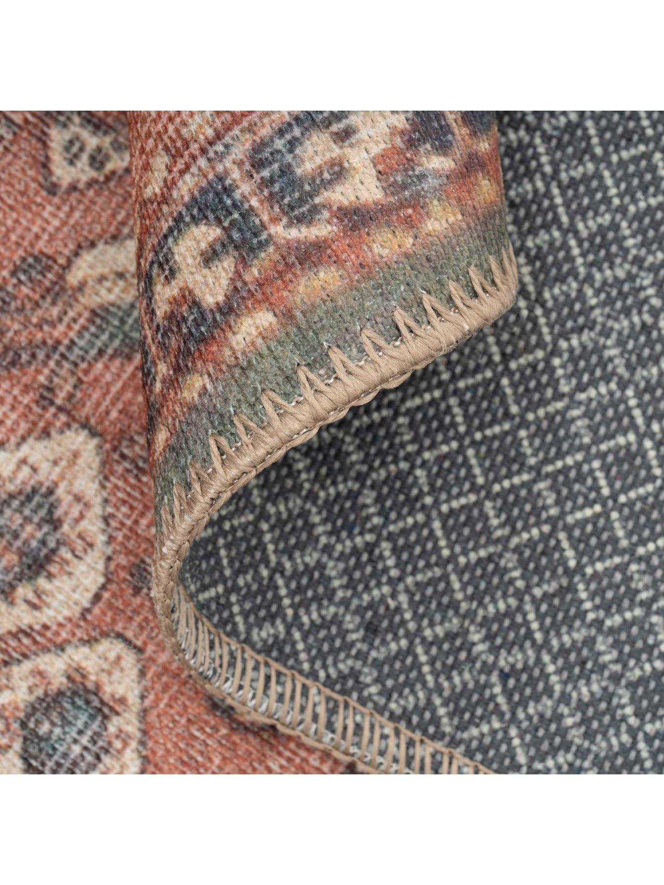 Image 4 of 4 of Kukoon Flatwoven Washable Distressed Terracotta Green Boho Runner - Faro