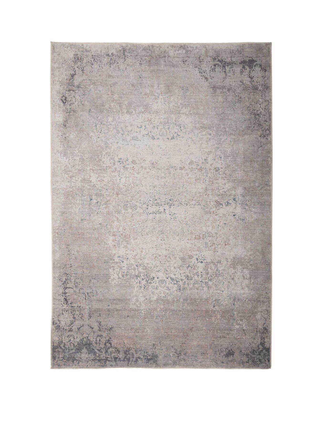 Image 2 of 5 of Kukoon Flatwoven Washable Distressed Renaissance Grey Beige Rug - Fleur