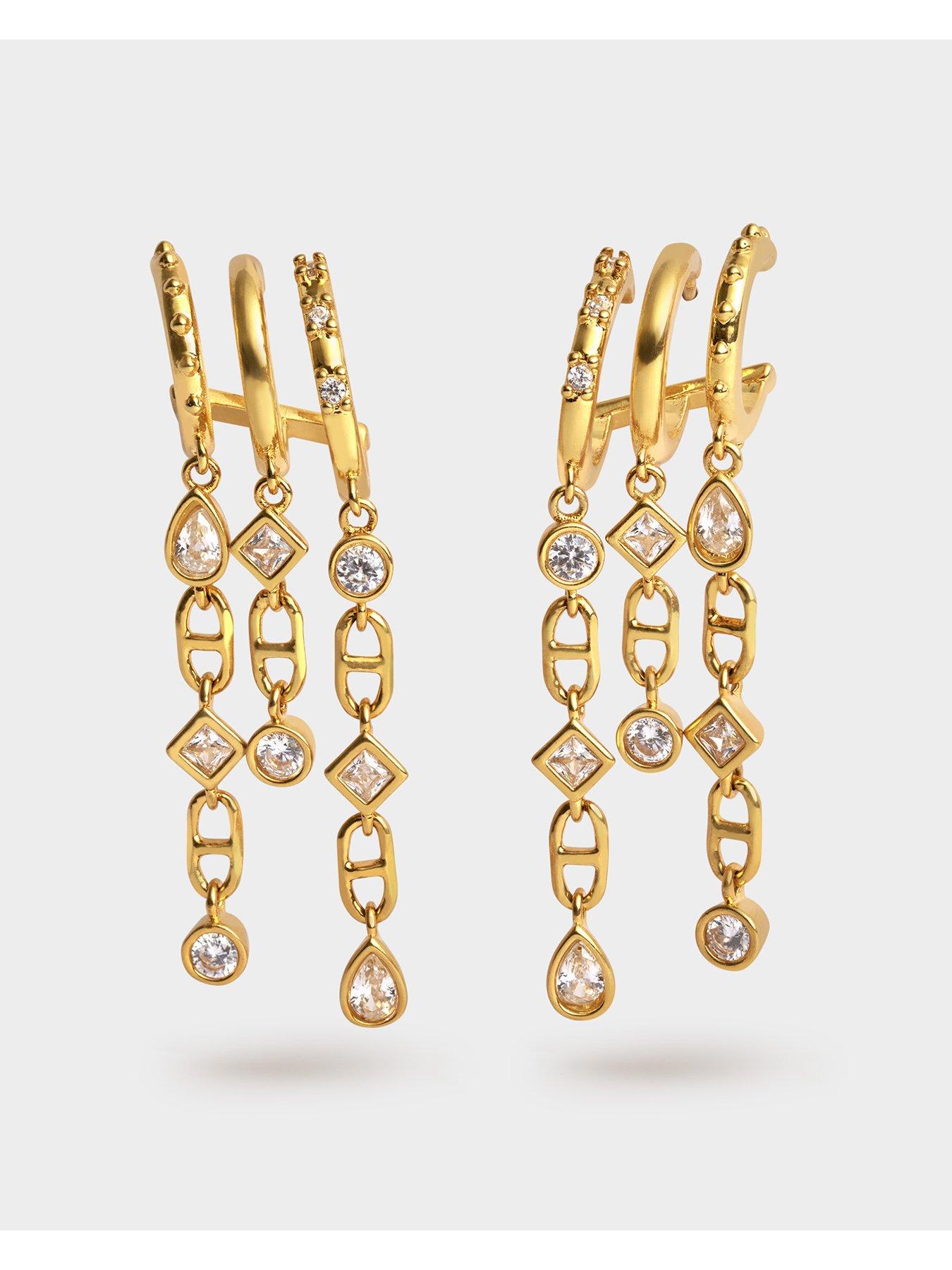 Image 2 of 4 of Katie Loxton Geometric Triple Stack Dangle Hoop Earrings - Gold