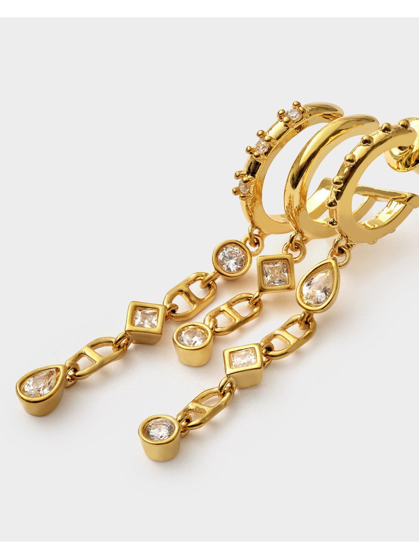 Image 3 of 4 of Katie Loxton Geometric Triple Stack Dangle Hoop Earrings - Gold