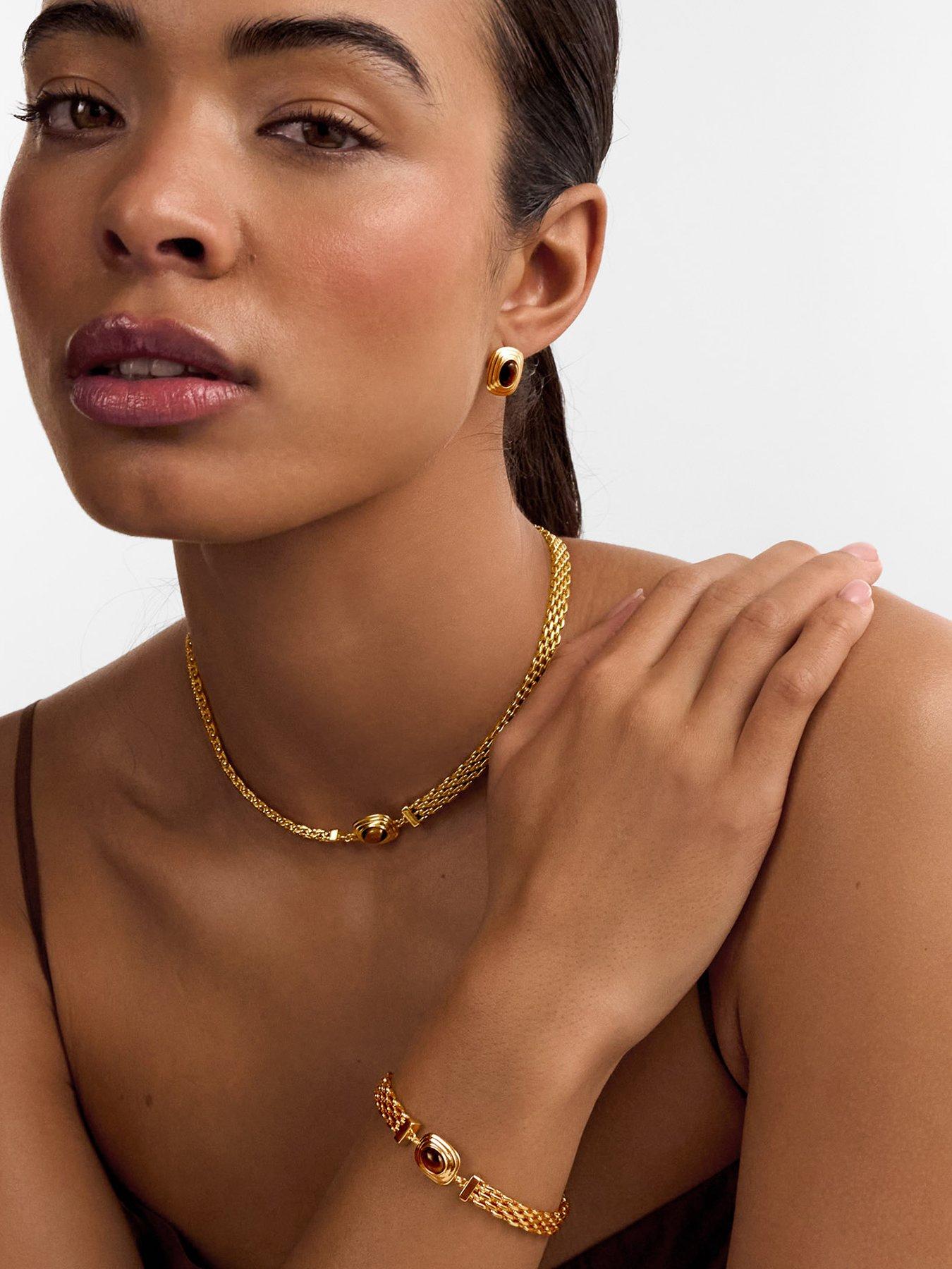 Katie Loxton Plated Oval-Shaped Tiger's Eye Braided Chain Necklace - Gold