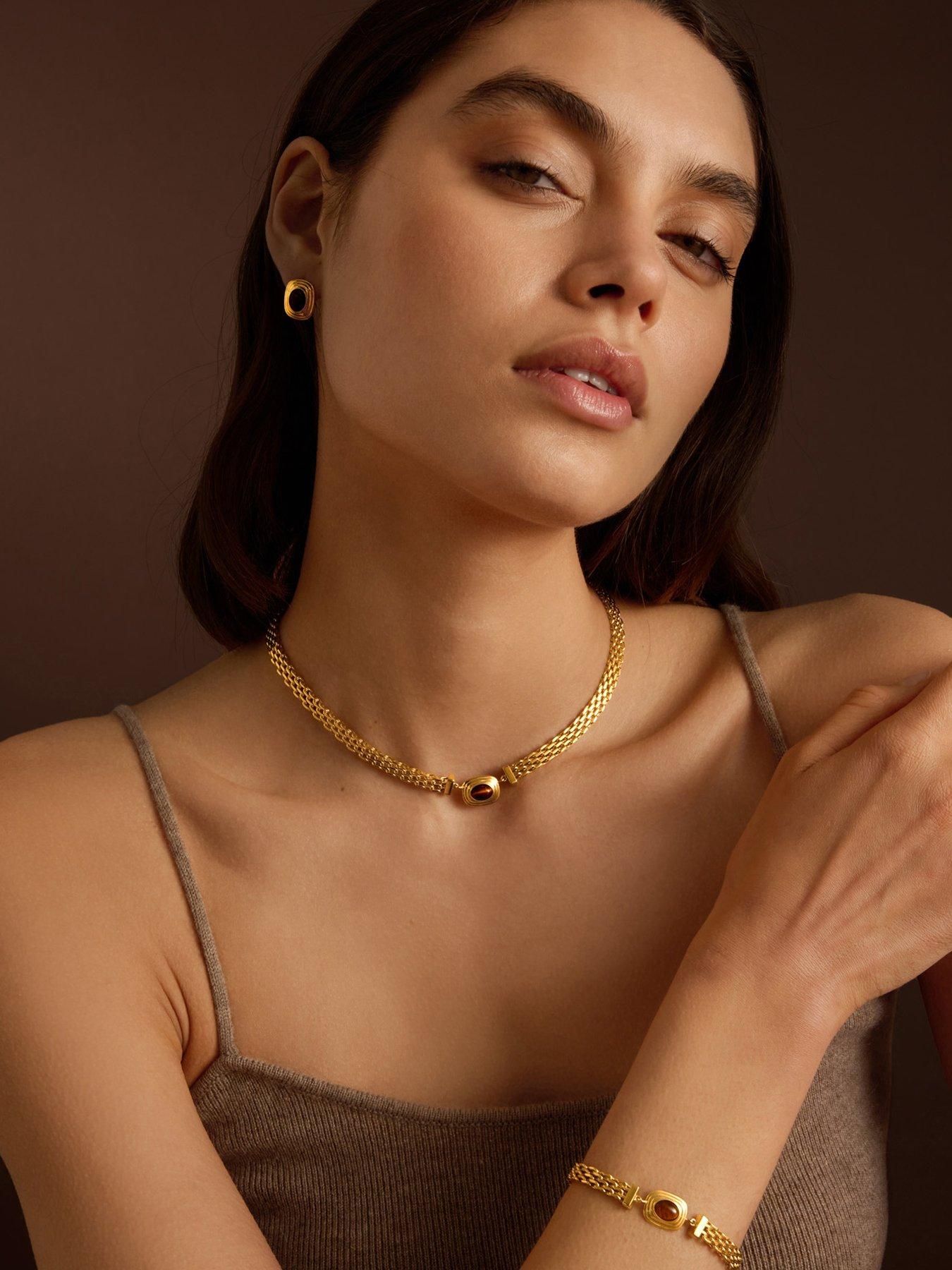 Image 1 of 5 of Katie Loxton Plated Oval-Shaped Tigers Eye Braided Chain Necklace - Gold - Waterproof