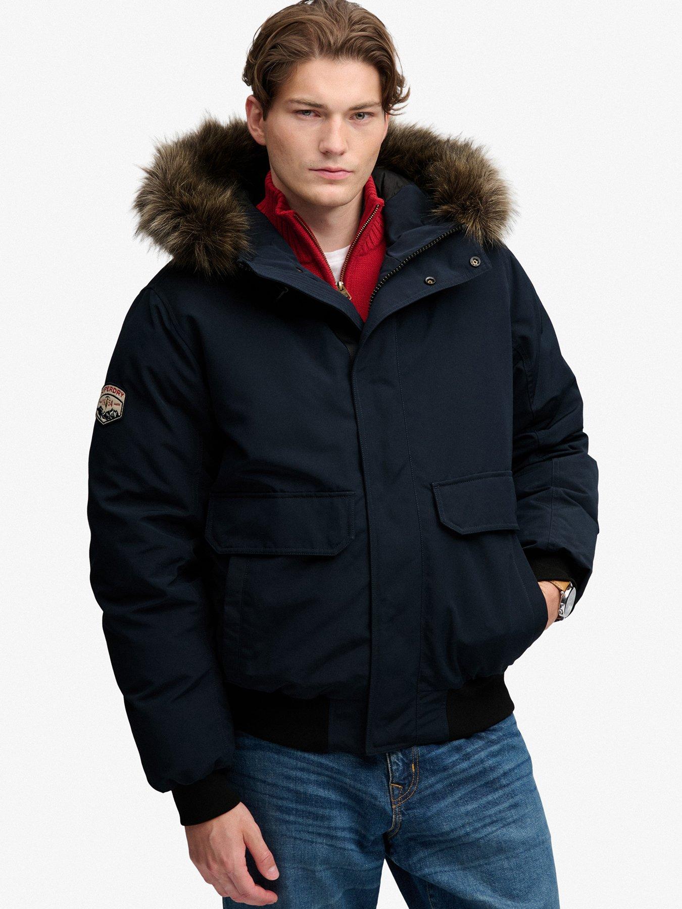 Image 1 of 5 of Superdry Mens Faux-Fur Hood Padded Bomber Jacket - Navy