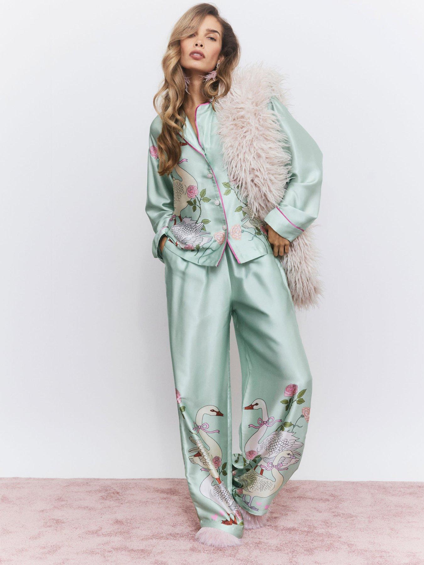 Image 1 of 6 of River Island Womens Swan Satin Long Sleeve Pyjama Set - Green