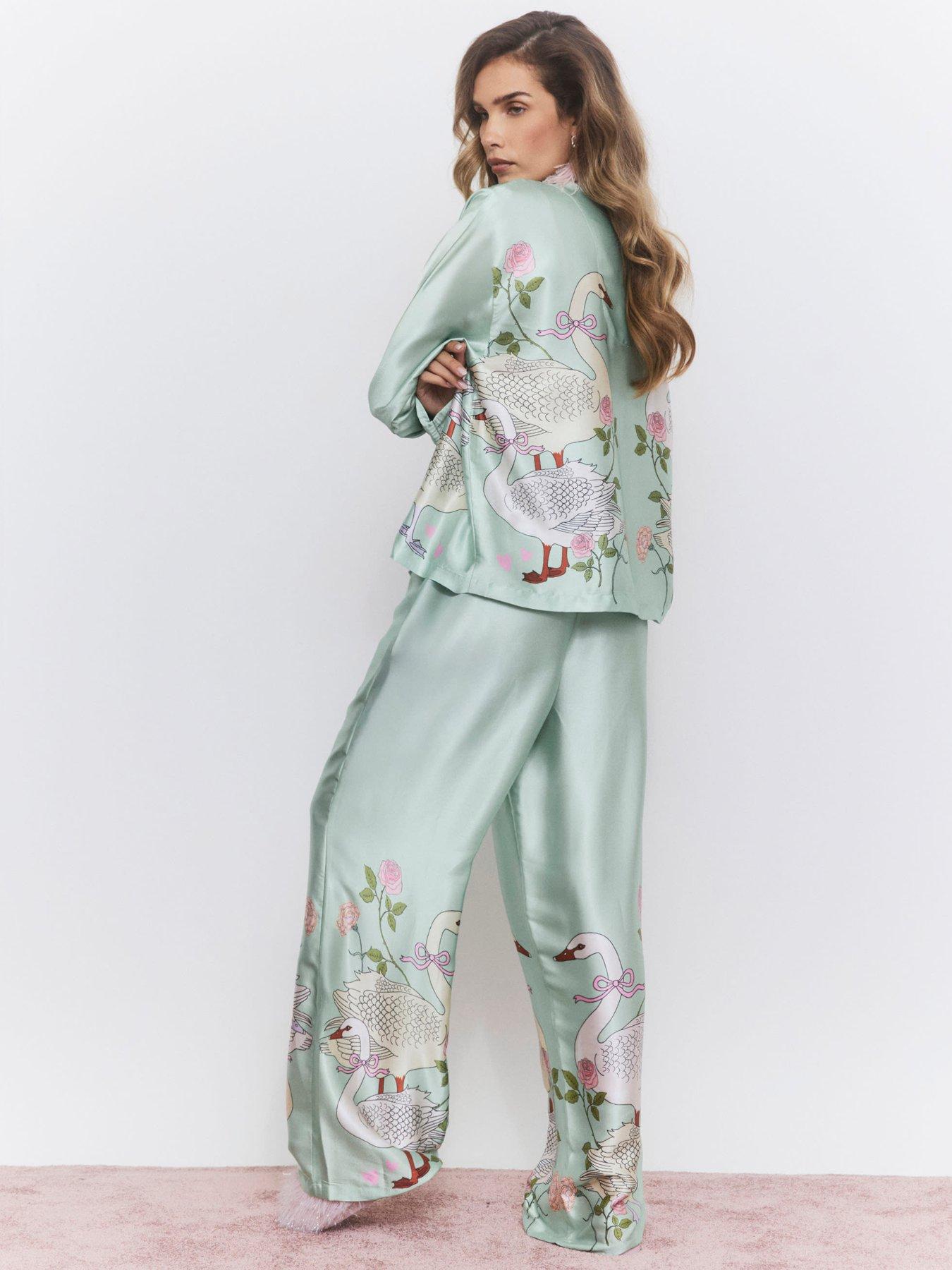 Image 2 of 6 of River Island Womens Swan Satin Long Sleeve Pyjama Set - Green